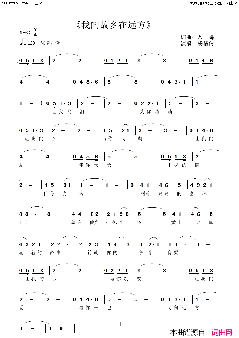 我的故乡在远方简谱-杨倩倩演唱-常鸣曲谱1