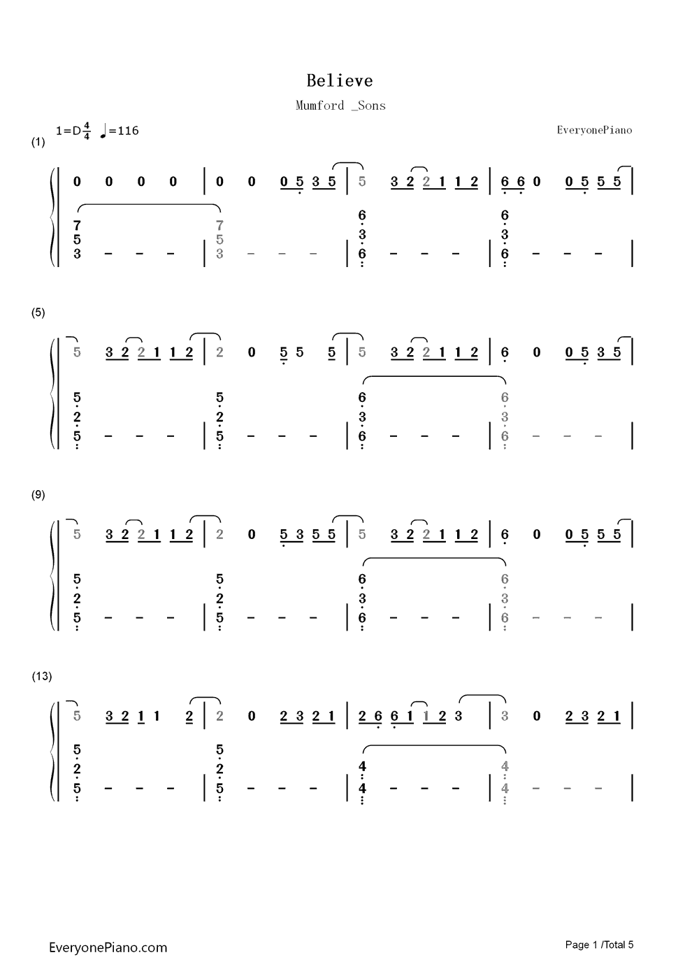 Believe钢琴简谱-数字双手-Mumford & Sons1