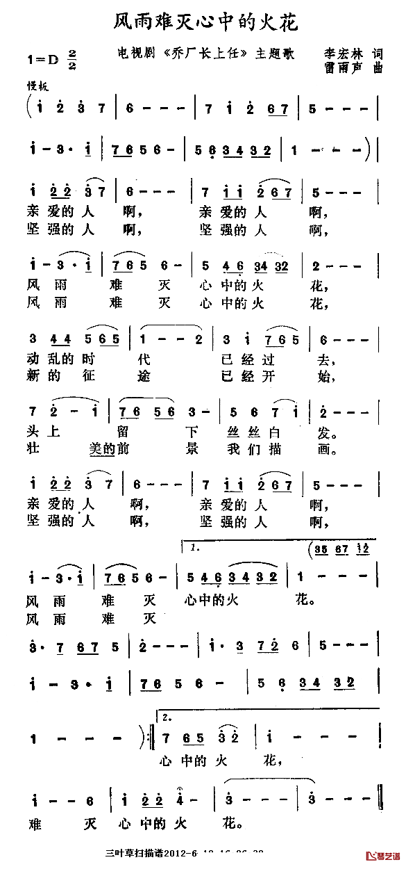 风雨难灭心中的火花简谱-电视剧《乔厂长上任》主题歌1