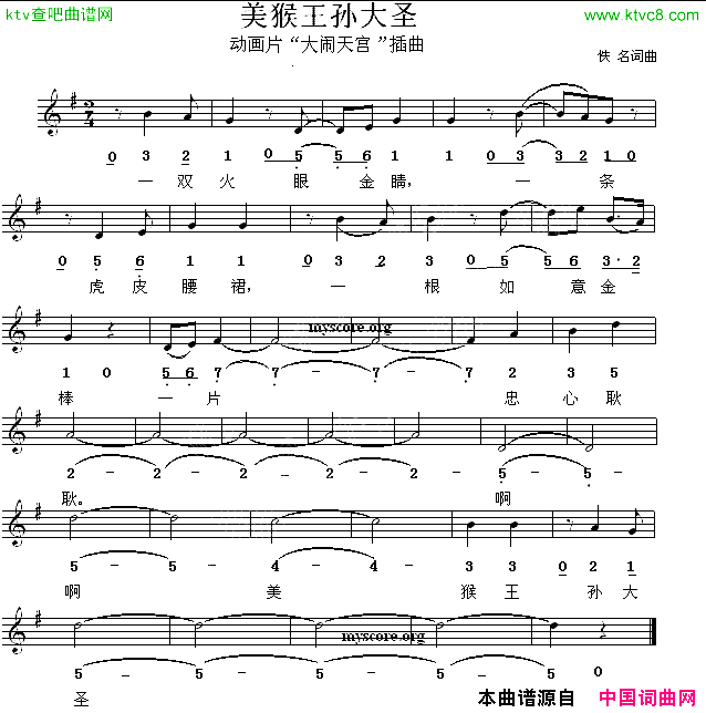 美猴王孙大圣动画片《大闹天宫》插曲、线简谱混排版简谱1