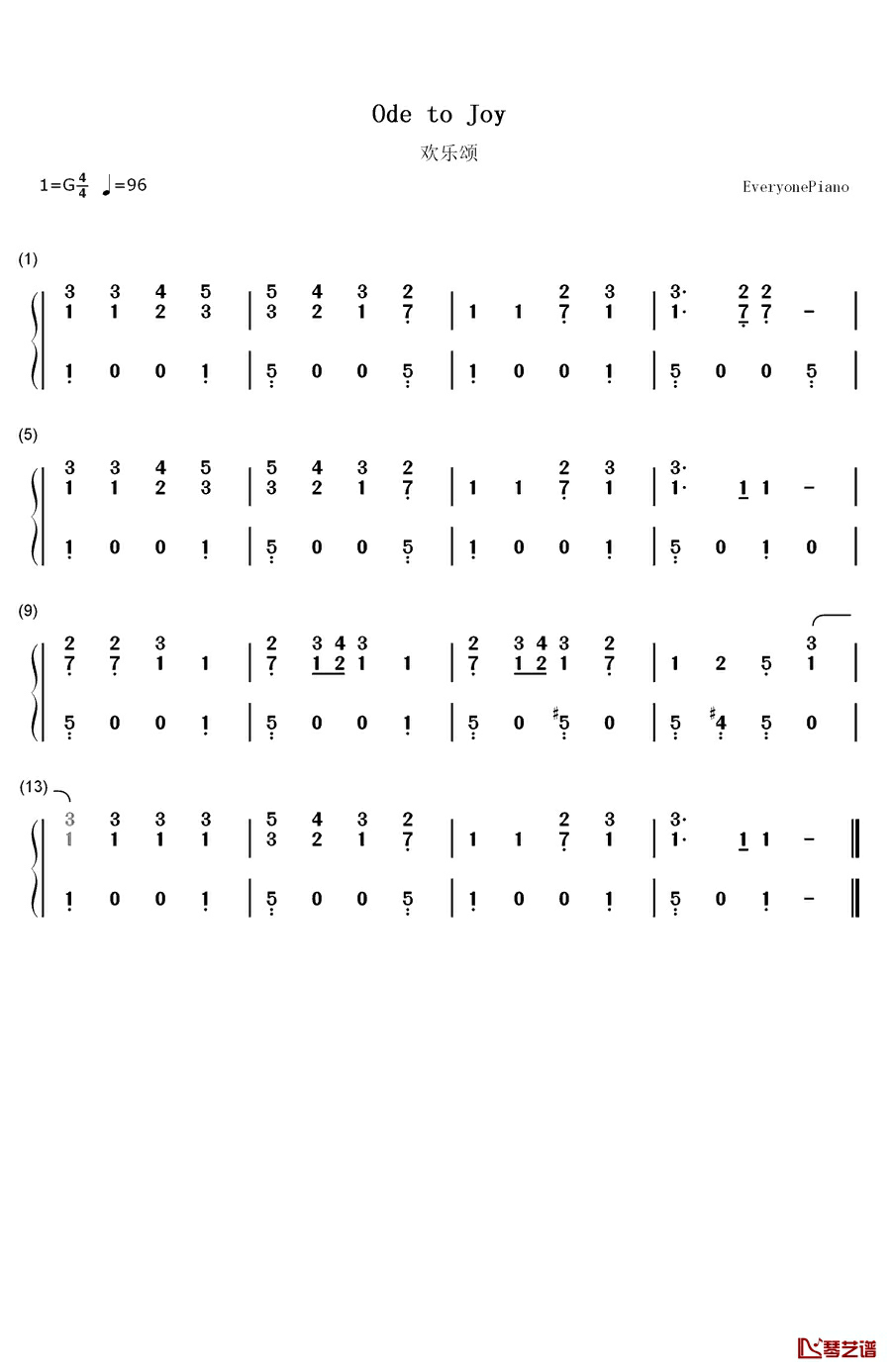 欢乐颂钢琴简谱-数字双手-贝多芬1