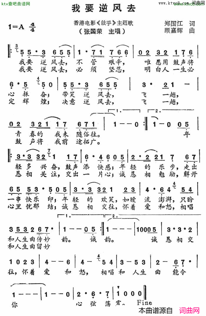 我要逆风去香港电影《鼓手》主题歌简谱-张国荣演唱-郑国江/顾嘉辉词曲1