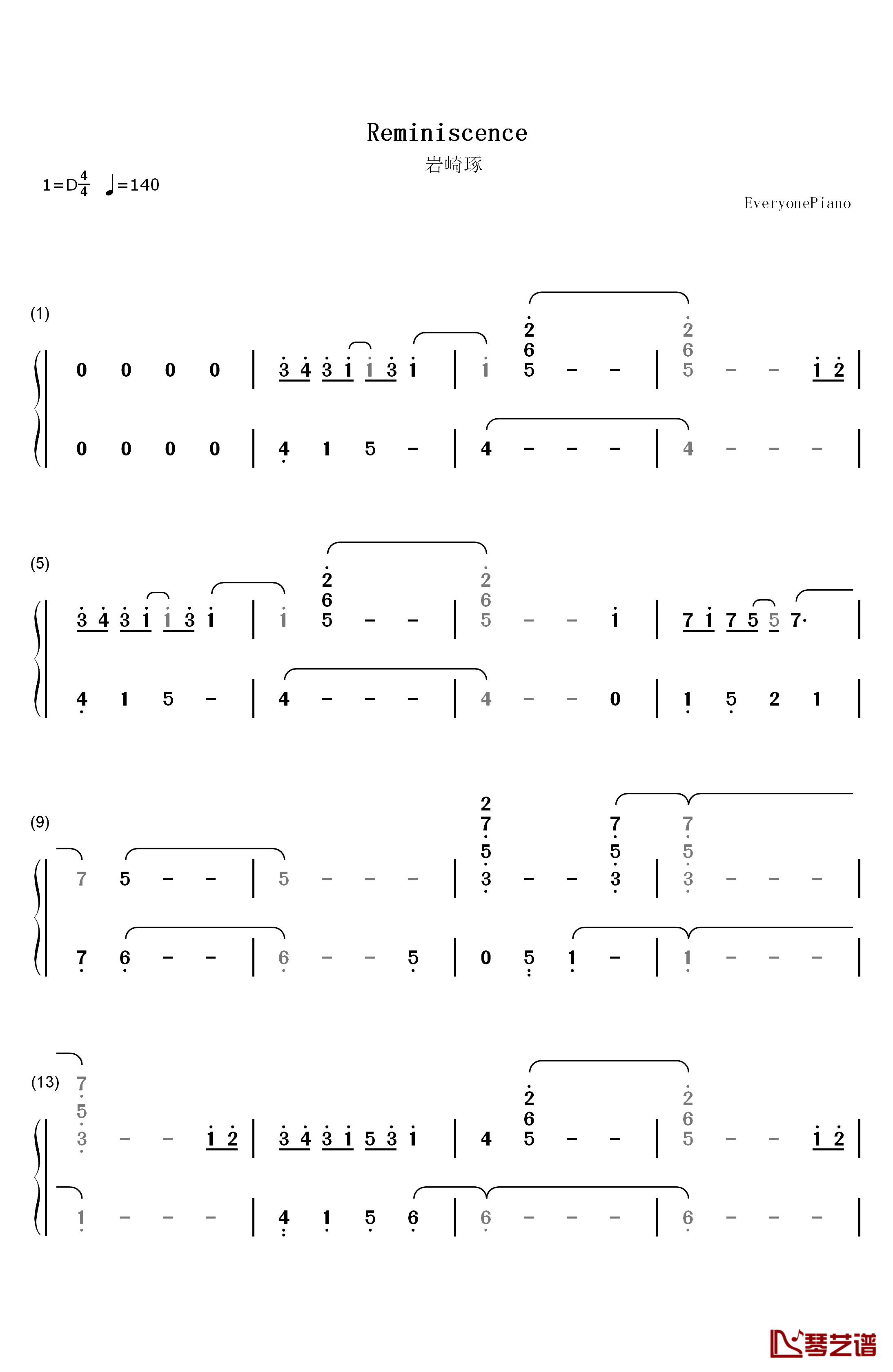 Reminiscence钢琴简谱-数字双手-岩崎琢1