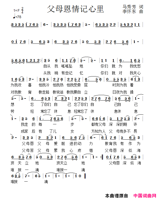 父母恩情记心里简谱-迪迷演唱-马秀芳/李怀东词曲1
