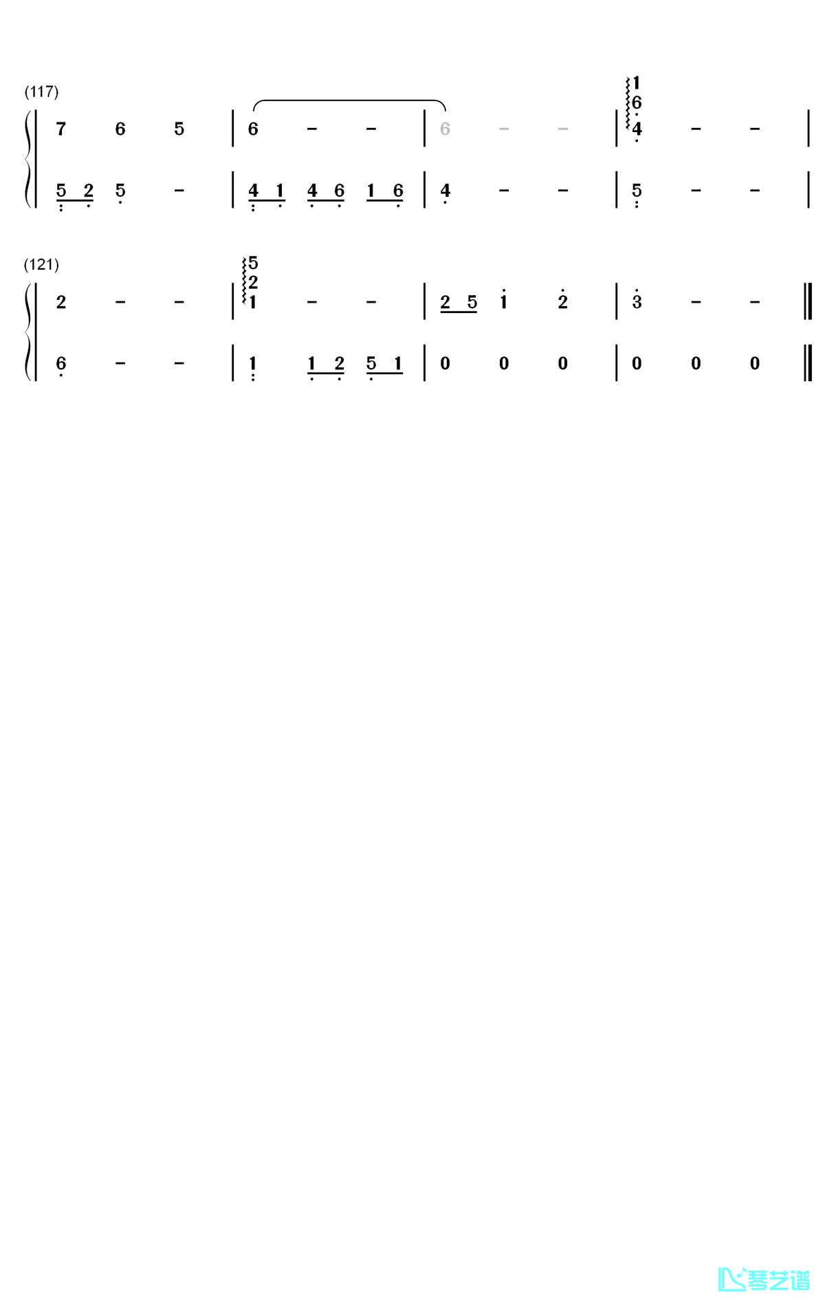 终于钢琴简谱-数字双手-双笙6