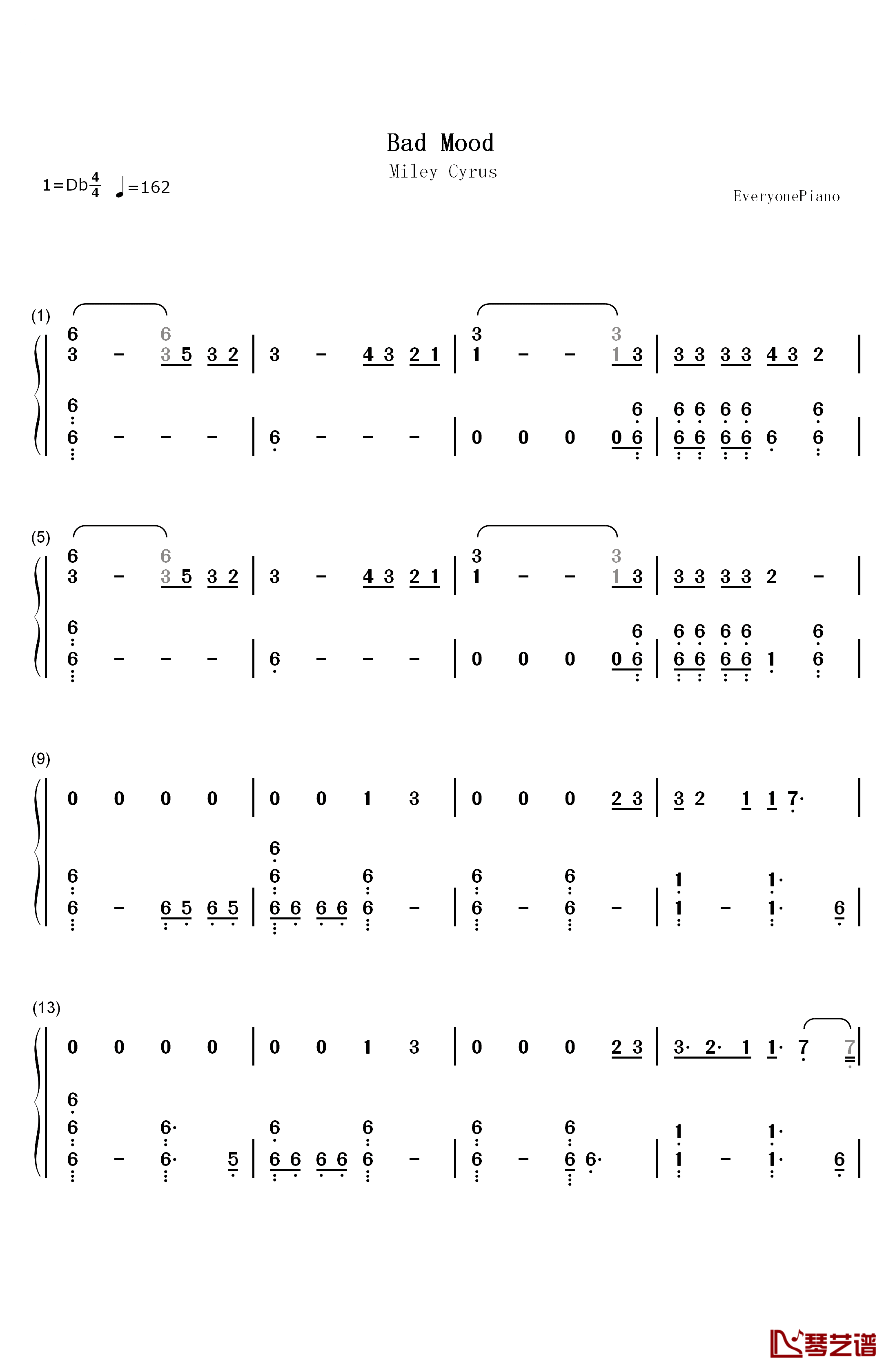 Bad Mood钢琴简谱-数字双手-Miley Cyrus1