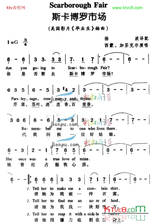 月光女神别名：《斯卡博罗市场》美国影片《毕业生》插曲简谱1