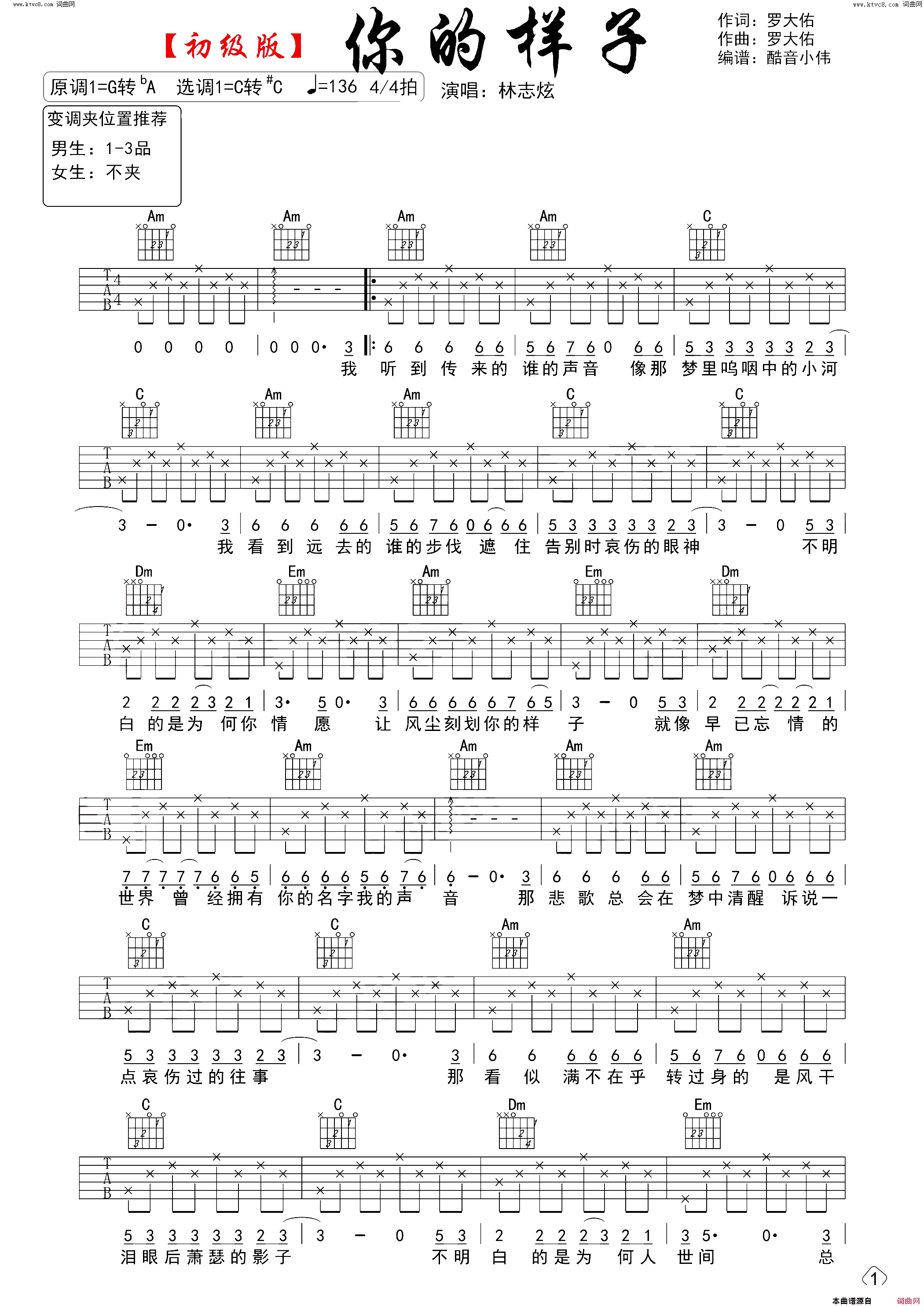 你的样子吉他谱初级版简谱-林志炫演唱1