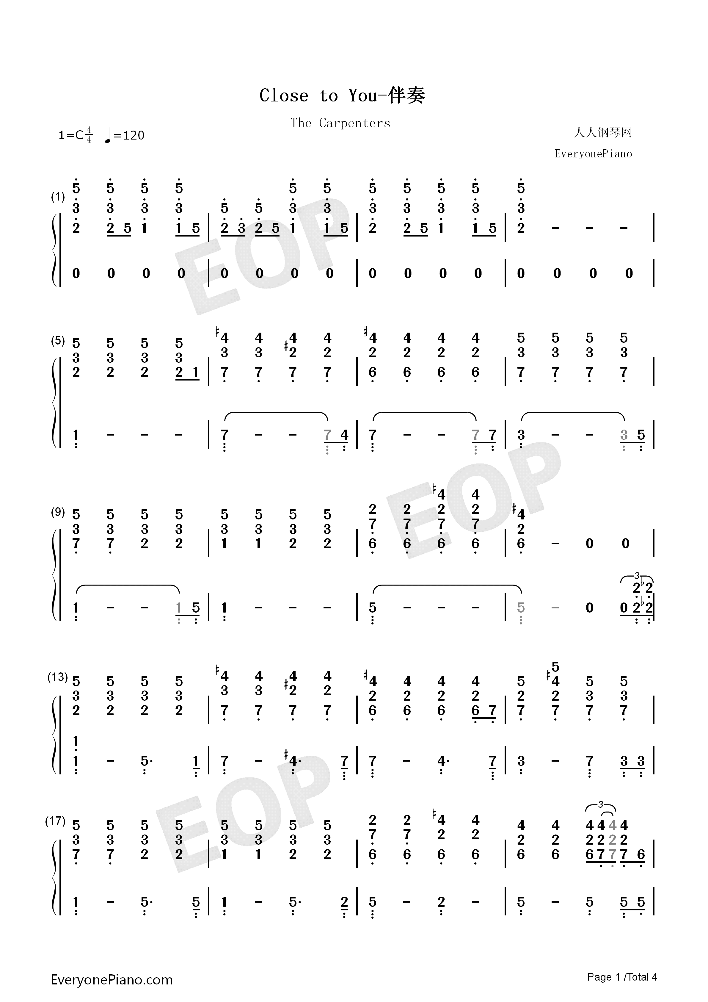 Close to You钢琴伴奏版钢琴简谱-卡朋特  The Carpenters演唱1