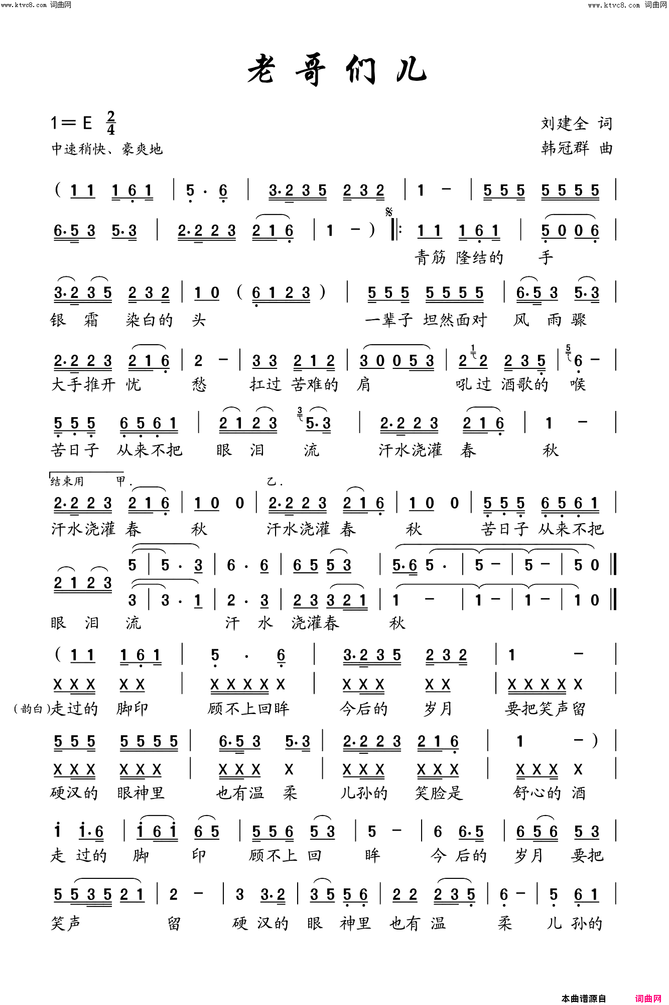 《老哥们儿》简谱 刘建全作词 韩冠群作曲 王颖峰演唱 李佳洋编曲  第1页