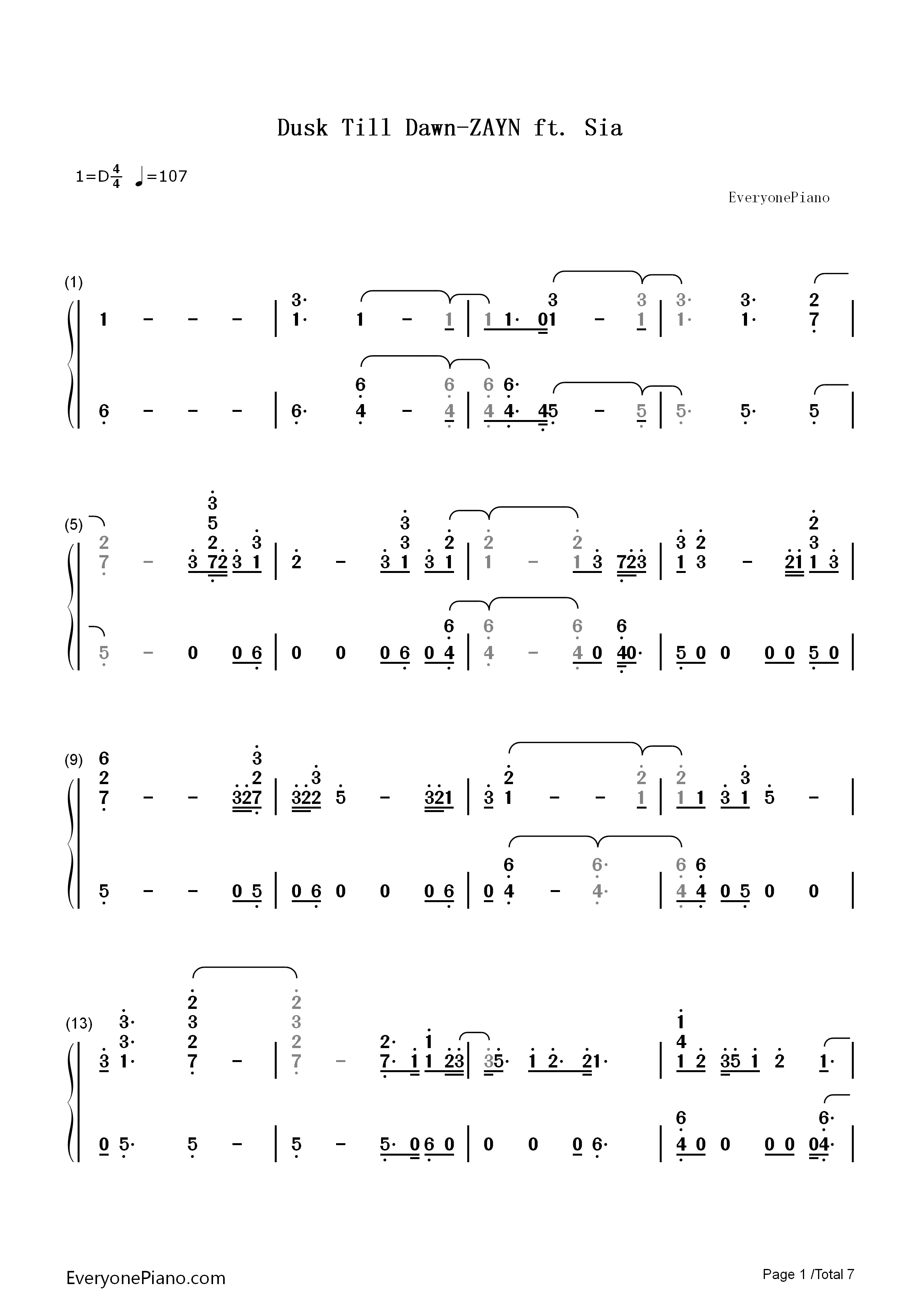 Dusk Till Dawn钢琴简谱-ZAYN Sia演唱1
