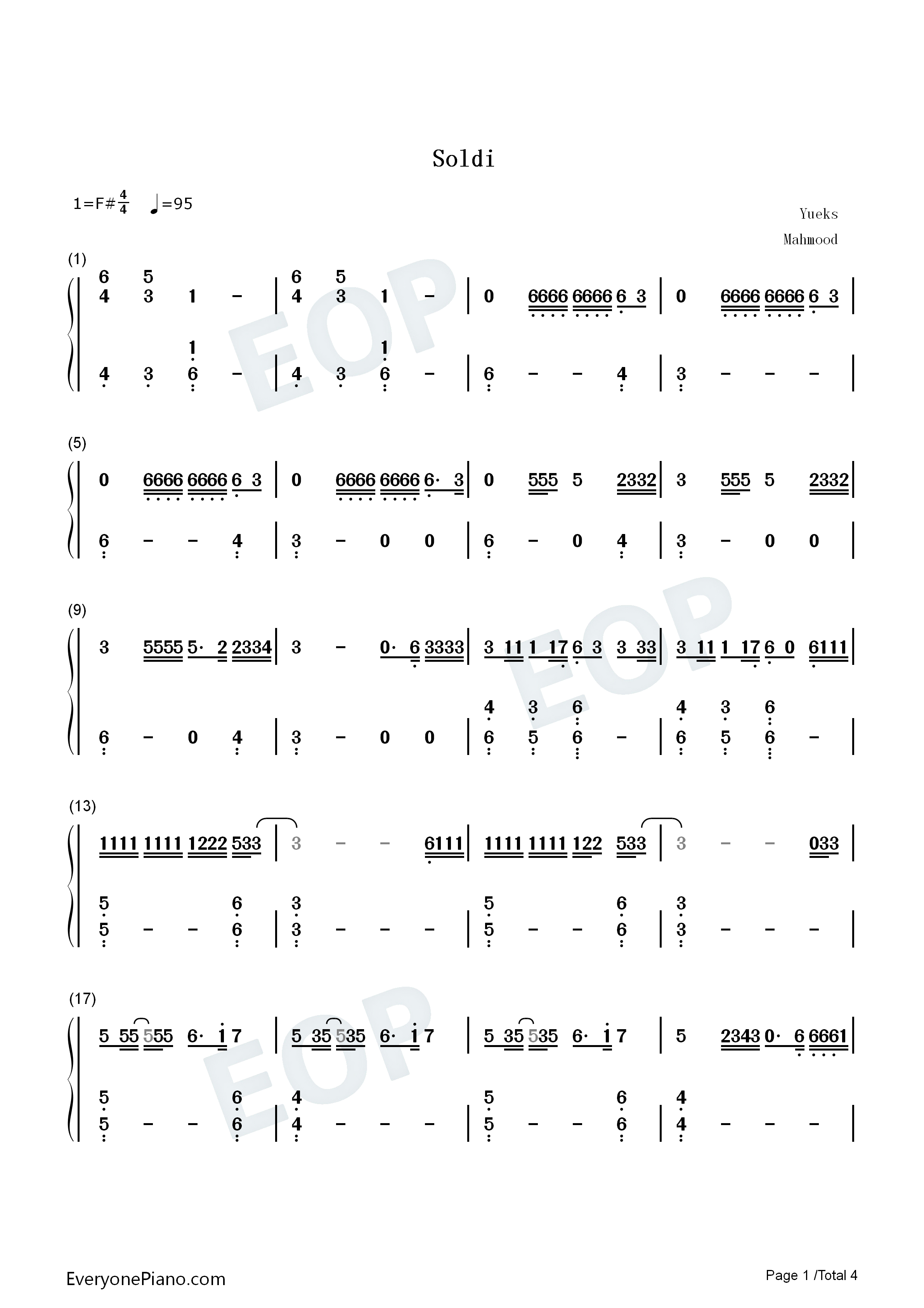Soldi钢琴简谱-Mahmood演唱1