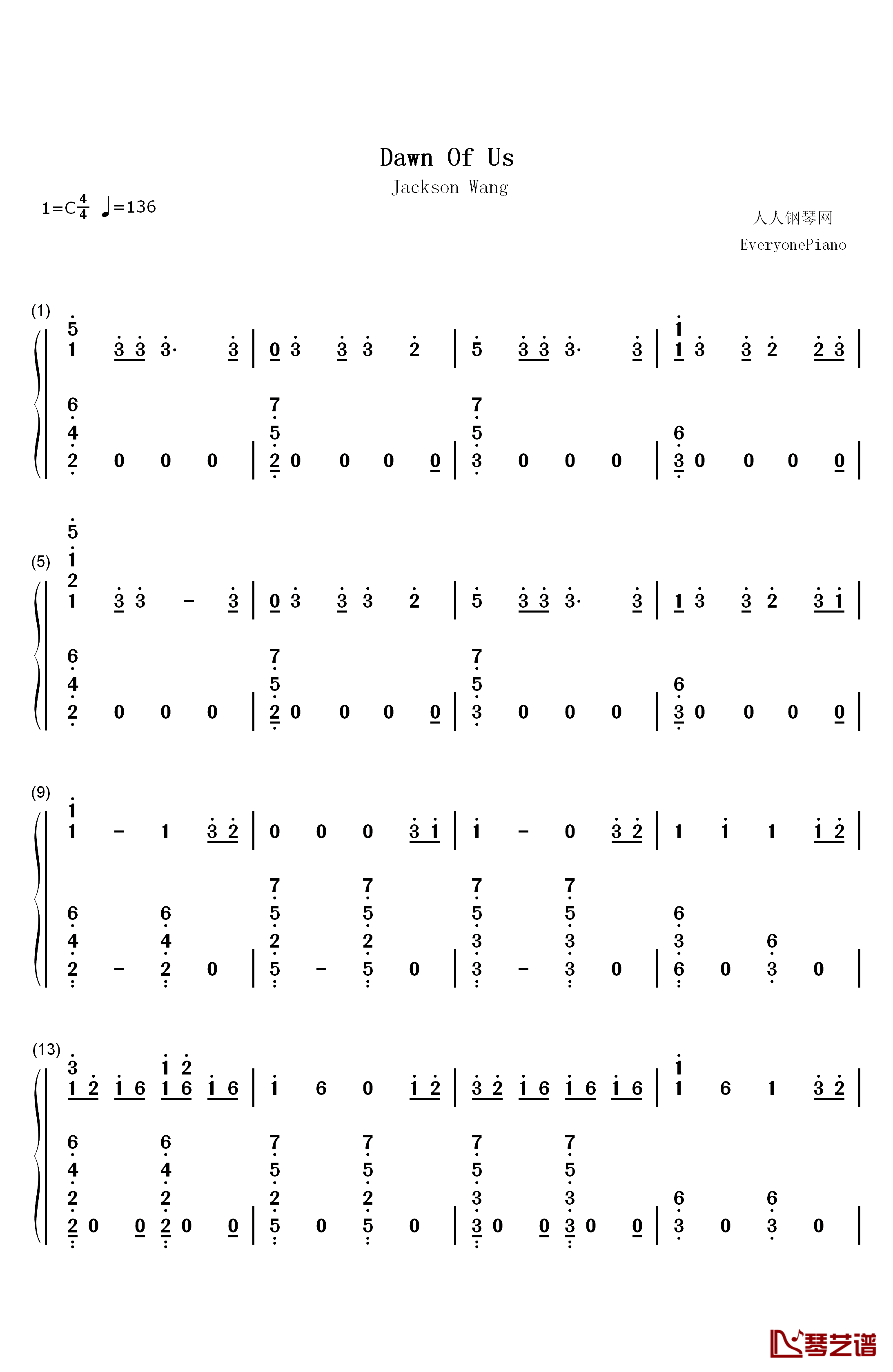 Dawn Of Us钢琴简谱-数字双手-王嘉尔1