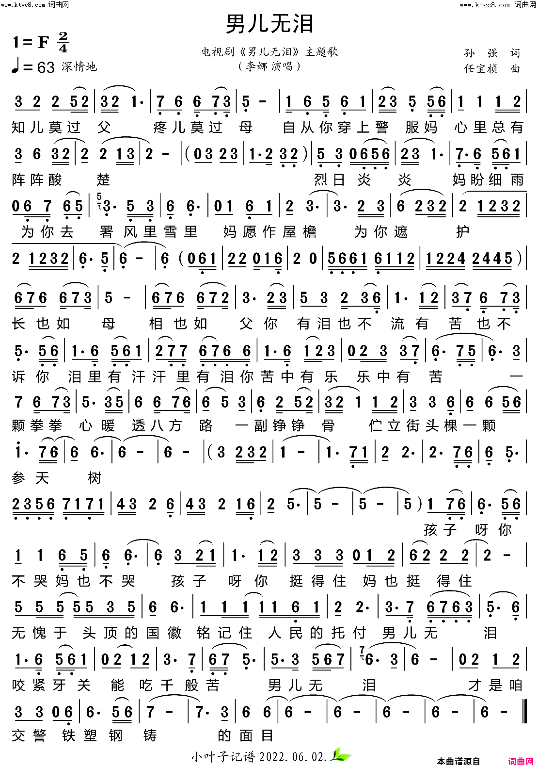 男儿无泪电视剧《男儿无泪》主题歌简谱-李娜演唱-孙强/任宝桢词曲1