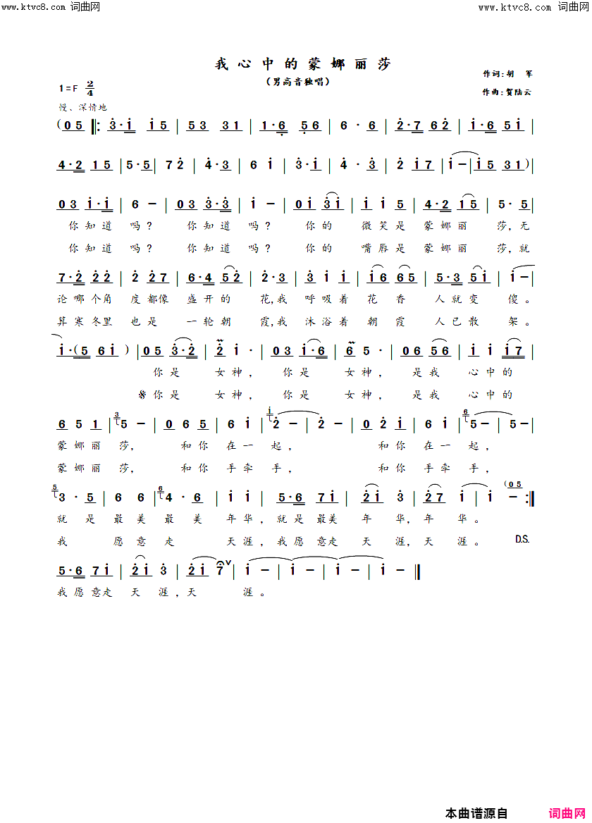 我心中的蒙娜丽莎简谱-贺陆云曲谱1