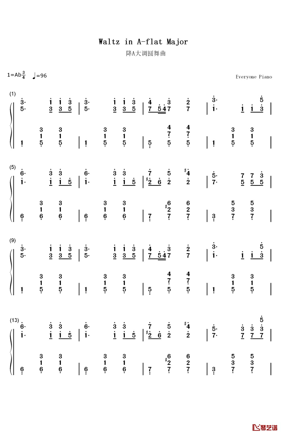 降A大调圆舞曲钢琴简谱-数字双手-勃拉姆斯1