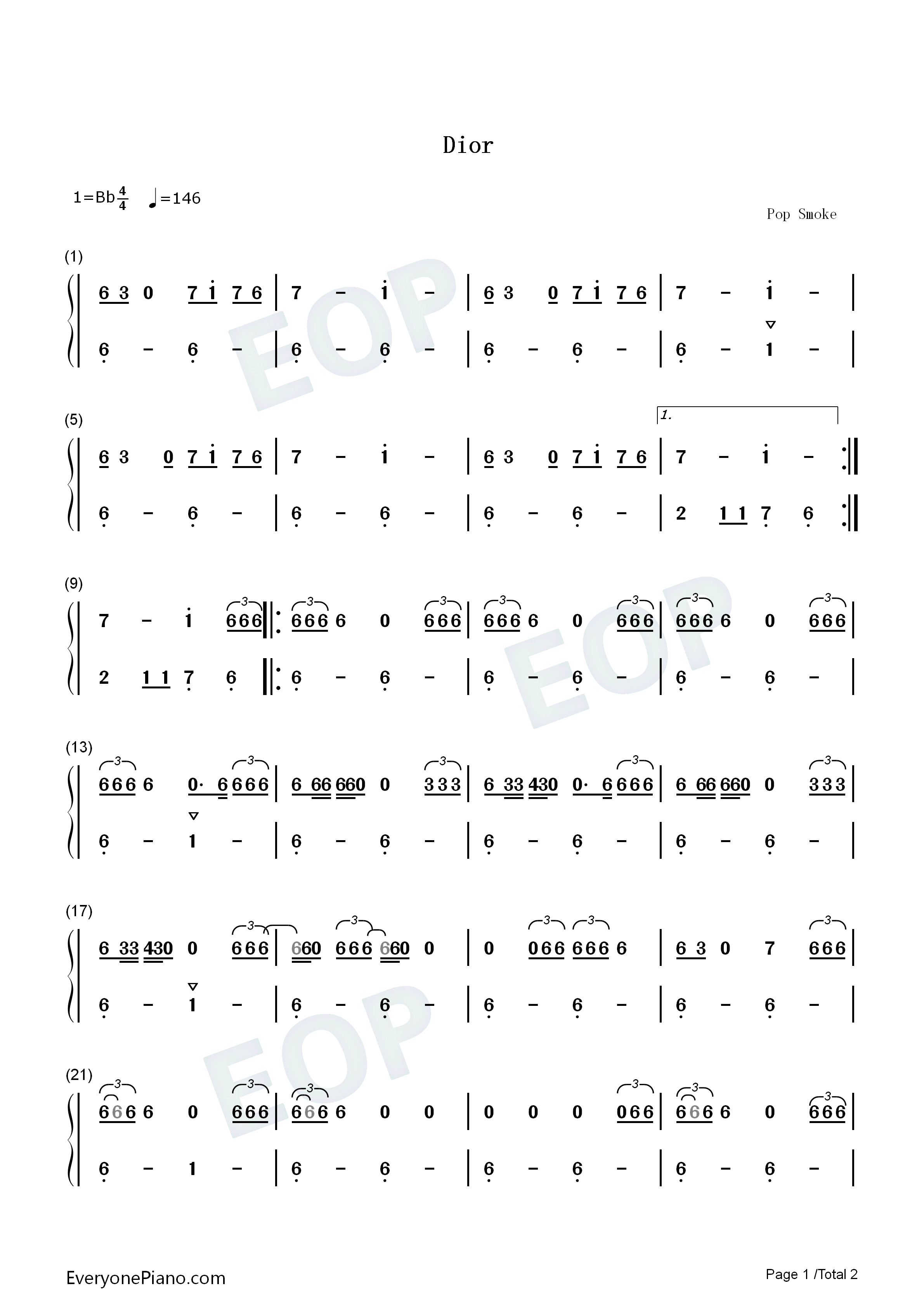 Dior钢琴简谱-Pop Smoke演唱1