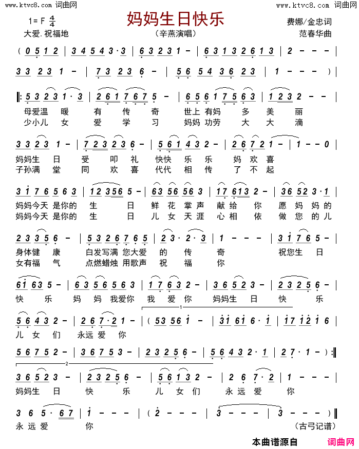 妈妈生日快乐简谱-辛燕演唱-费娜、金忠/范春华词曲1