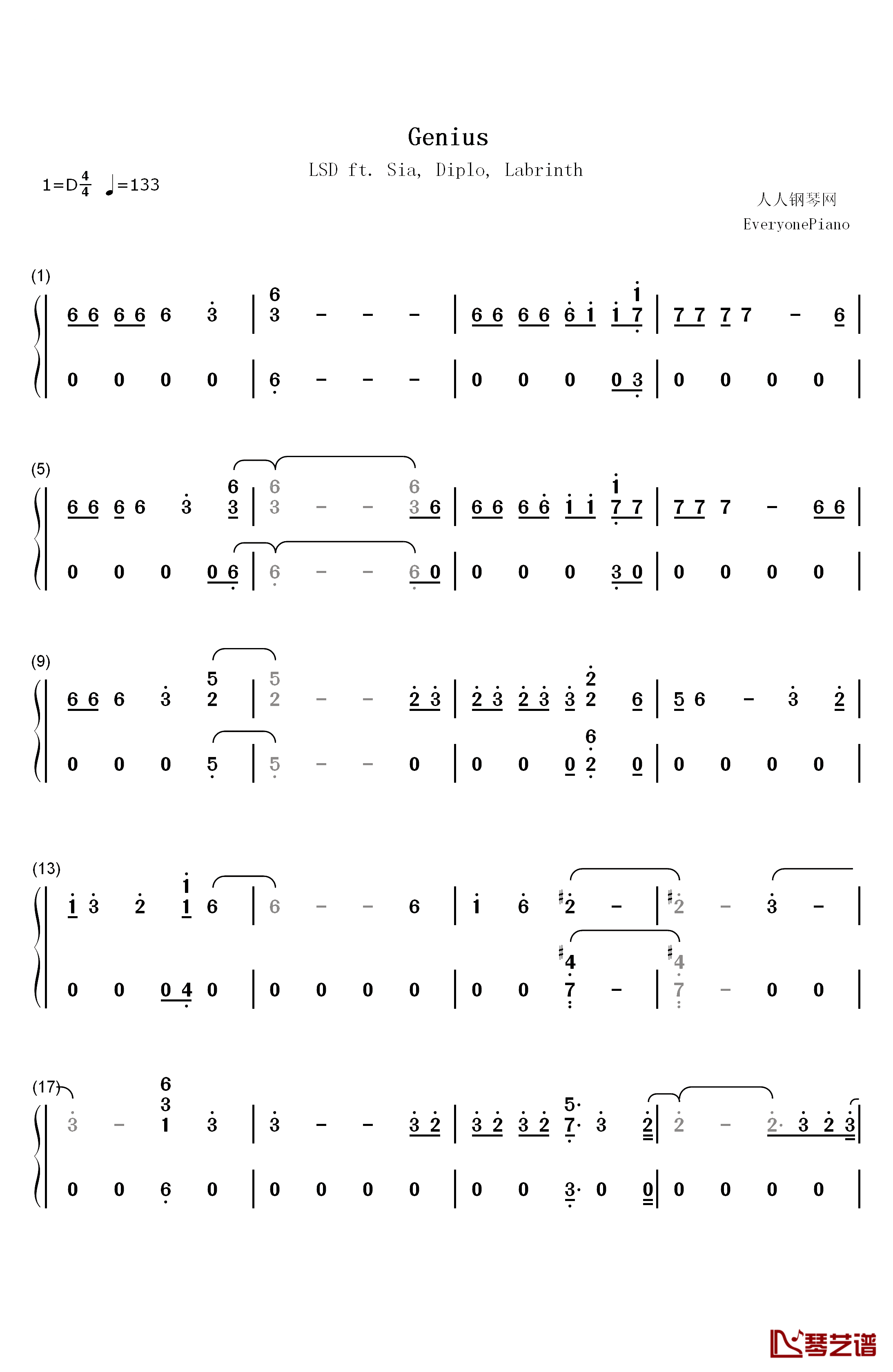 Genius钢琴简谱-数字双手-LSD1