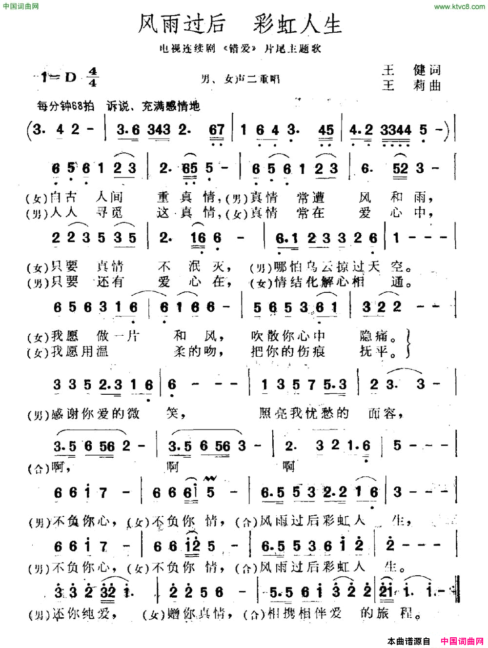 风雨过后彩虹人生电视剧《错爱》片尾曲风雨过后 彩虹人生电视剧《错爱》片尾曲简谱1