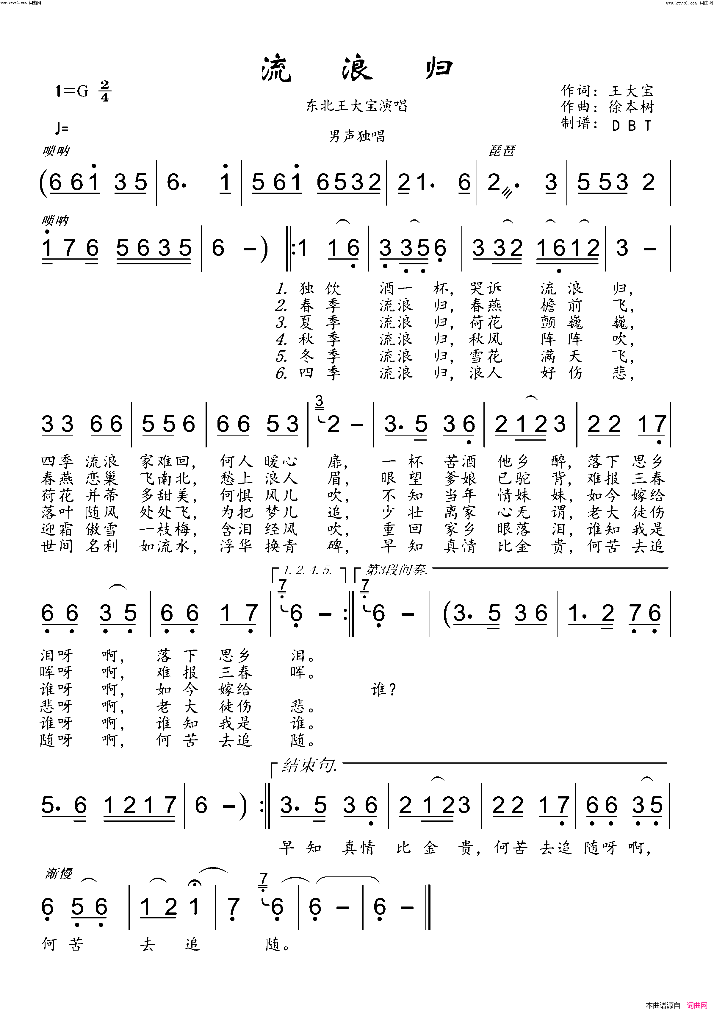 流浪归(男声独唱)简谱-东北王大宝演唱-DBT曲谱1