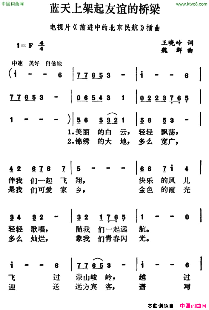 蓝天上架起友谊的桥梁电视片《前进中的北京民航》插曲简谱1