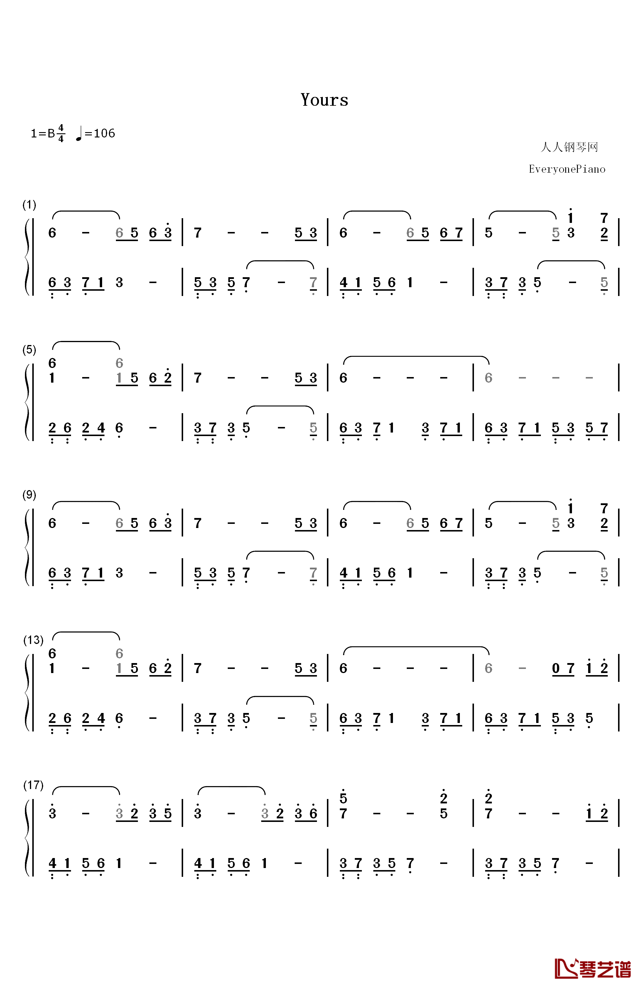 Yours钢琴简谱-数字双手-July1