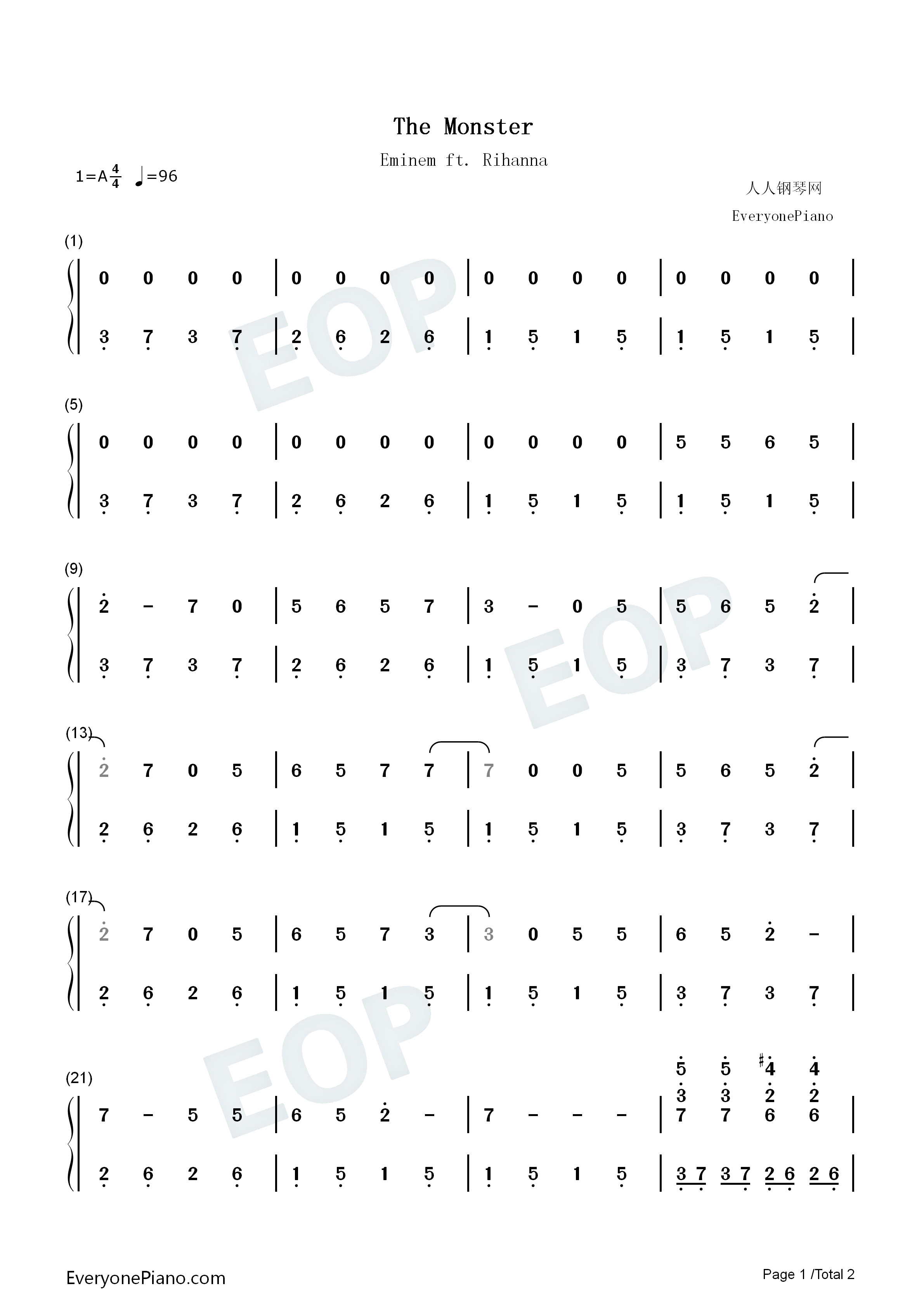 The Monster钢琴简谱-Eminem & Rihanna演唱1
