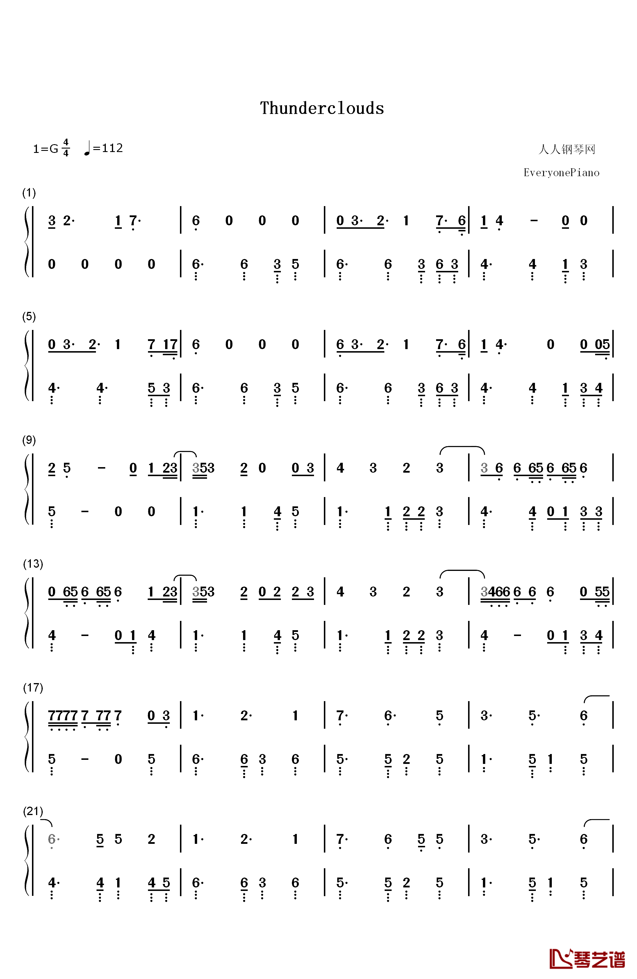 Thunderclouds钢琴简谱-数字双手-LSD1