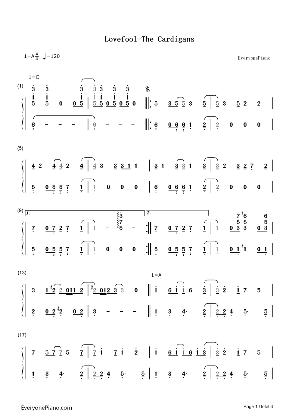 Lovefool钢琴简谱-数字双手-The Cardigans1