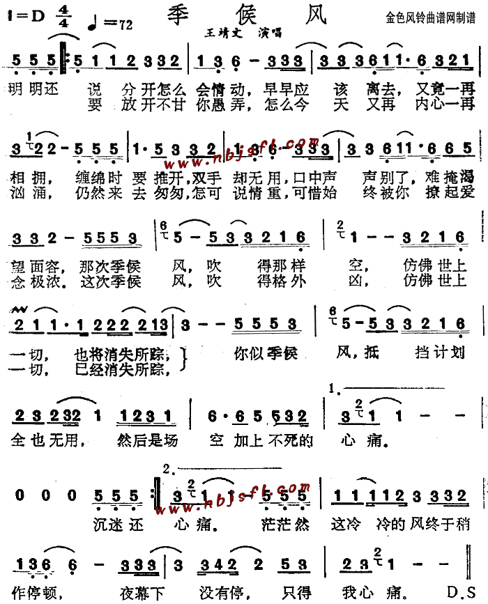 季候风粤语简谱-王靖文王菲演唱1