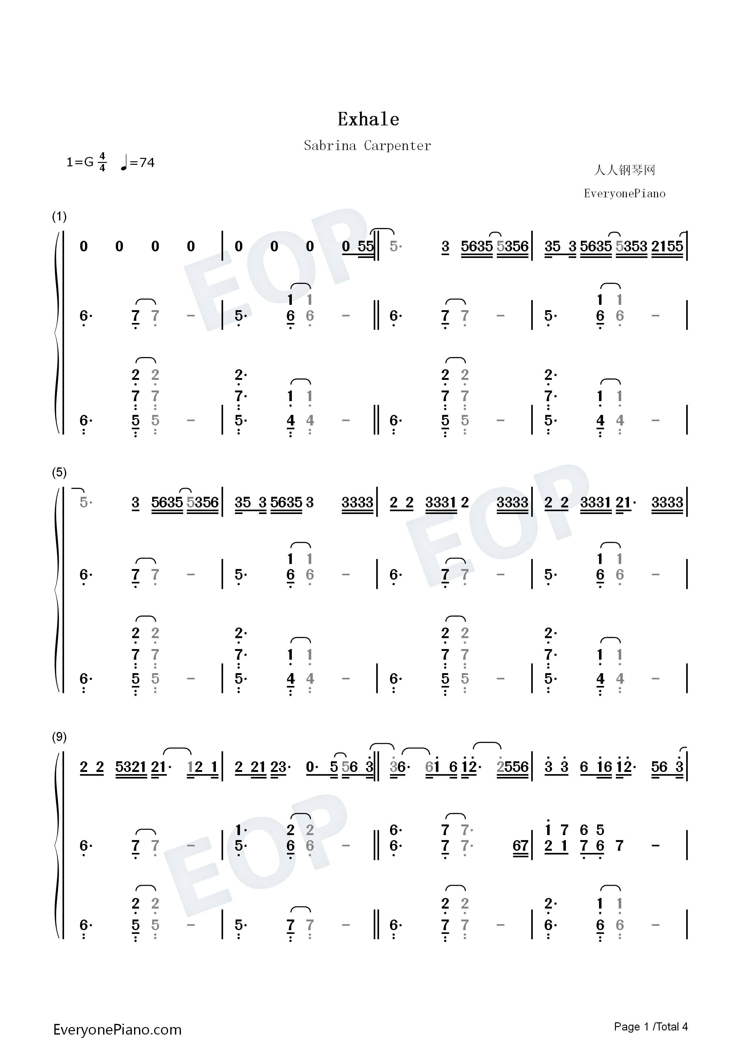 Exhale钢琴简谱-Sabrina Carpenter演唱1