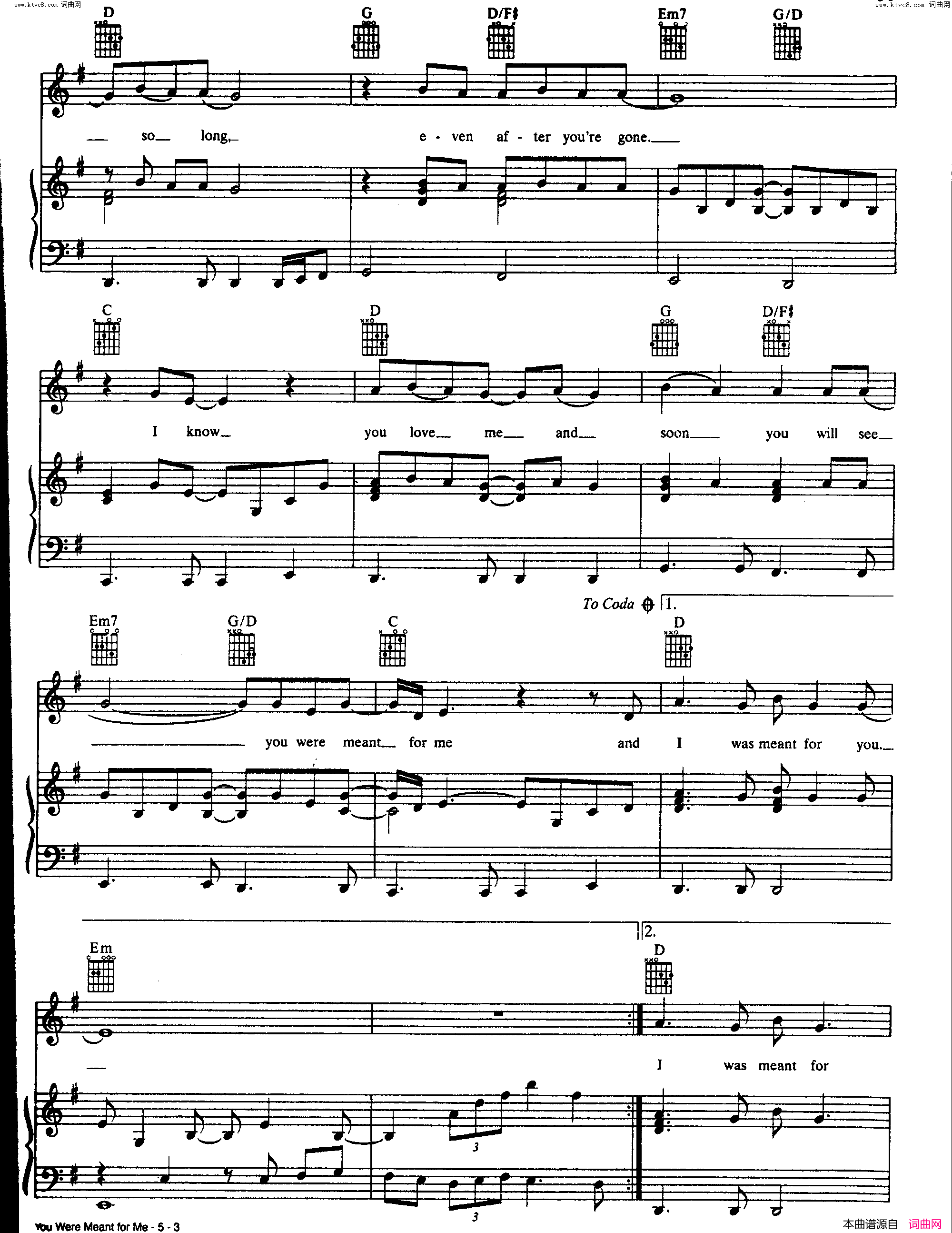You Were Meant For Me歌曲 人声吉他钢琴谱简谱1