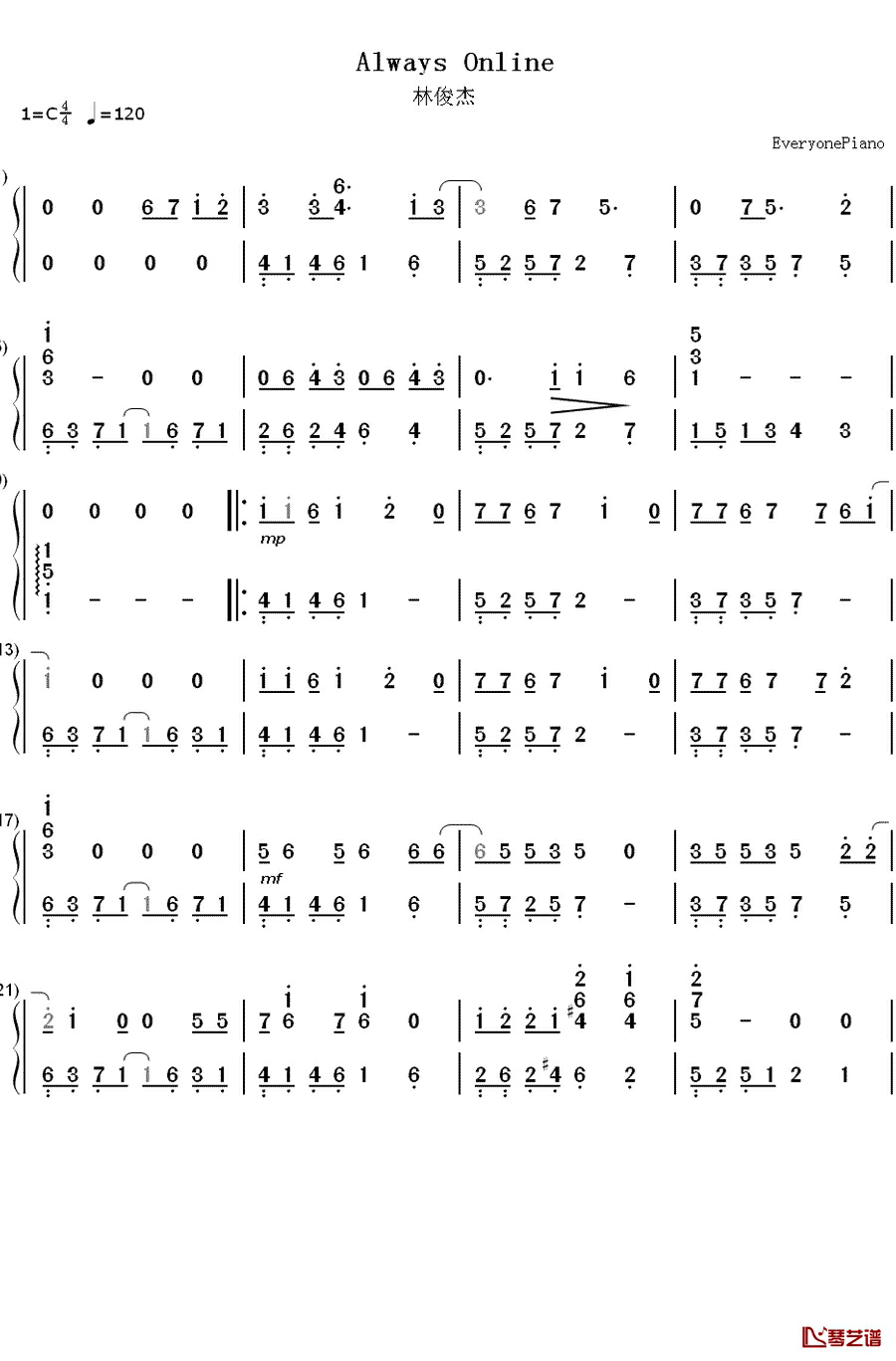 Always Online钢琴简谱-数字双手-林俊杰1