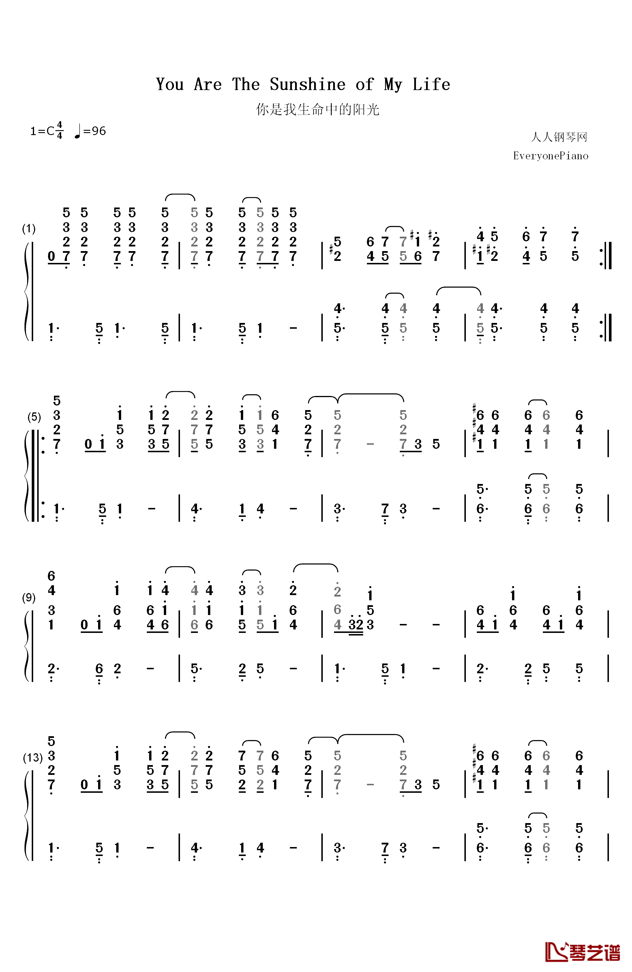 You Are The Sunshine Of My Life钢琴简谱-数字双手-Stevie Wonder1