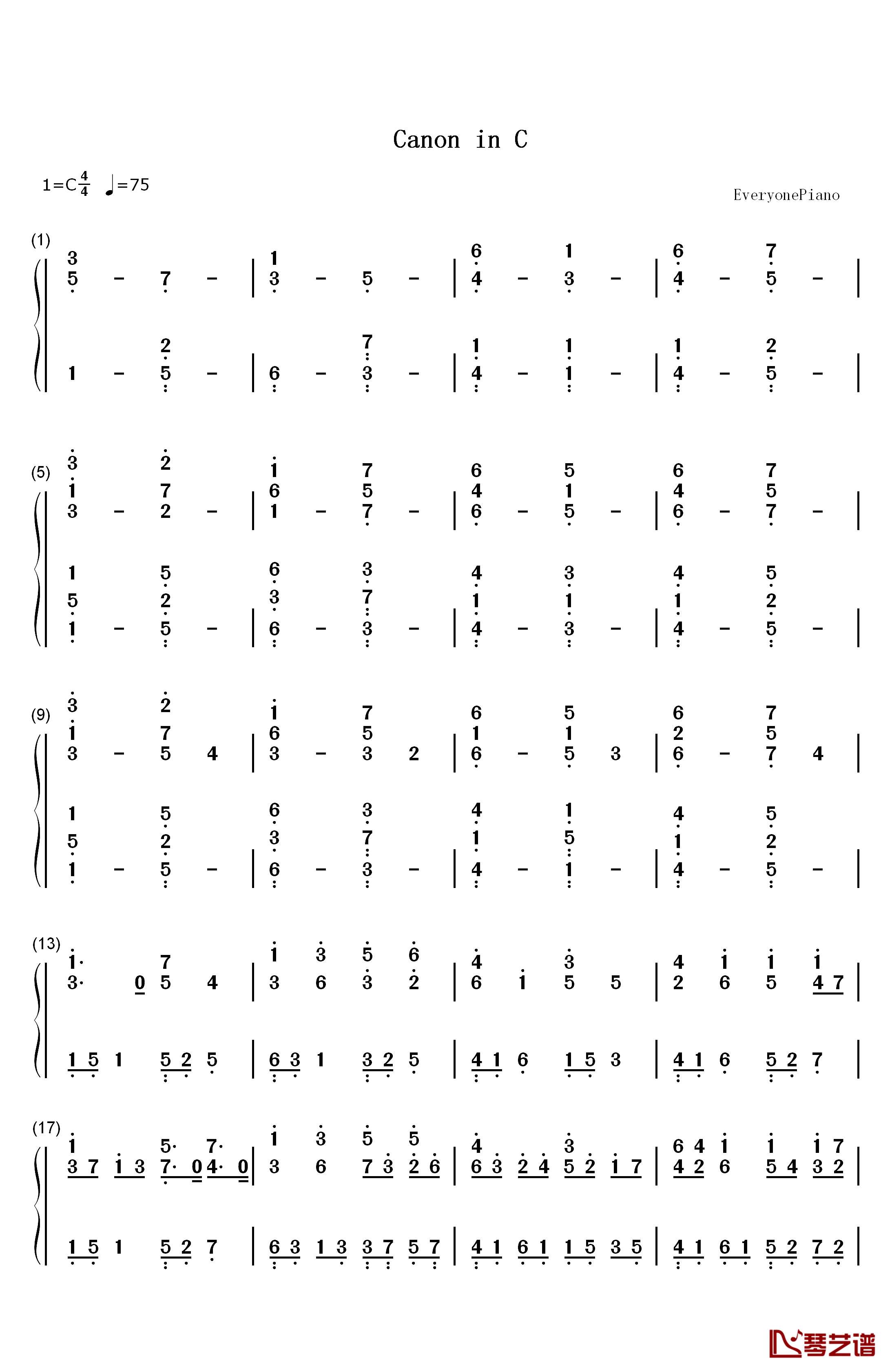 c大调卡农钢琴简谱-数字双手-帕赫贝尔1