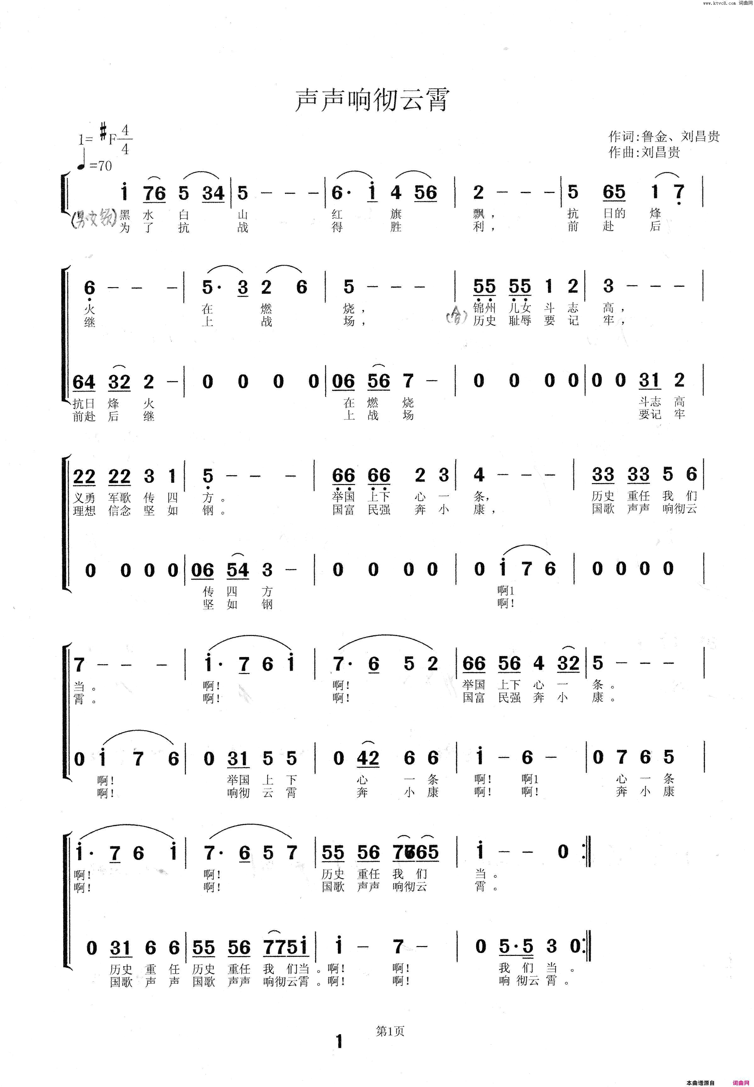 国歌声声响彻云霄为锦州《抗日义勇军纪念馆》而作简谱-胡润华演唱-鲁金、刘昌贵/刘昌贵词曲1