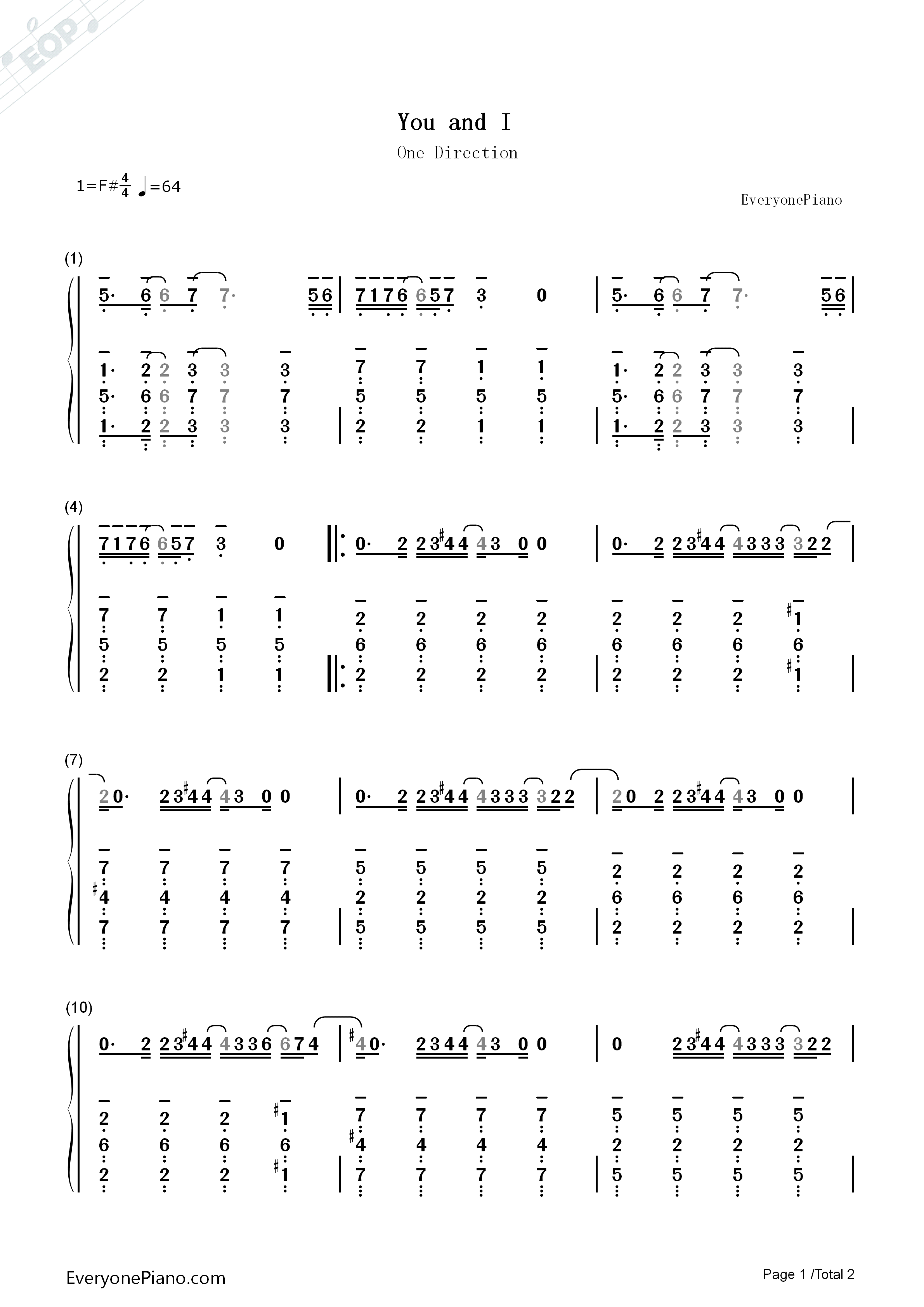You and I钢琴简谱-One Direction演唱1