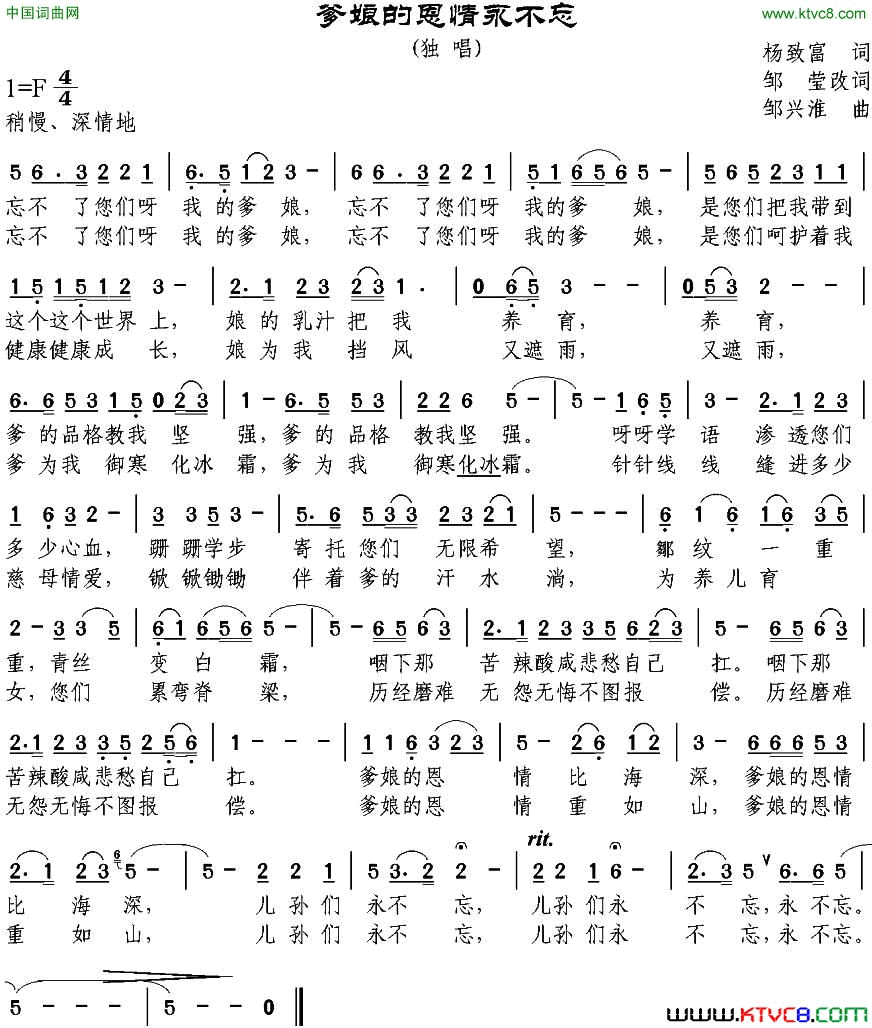 爹娘的恩情永不忘杨致富作词、邹莹改词词邹兴淮曲爹娘的恩情永不忘杨致富作词、邹莹改词词 邹兴淮曲简谱1