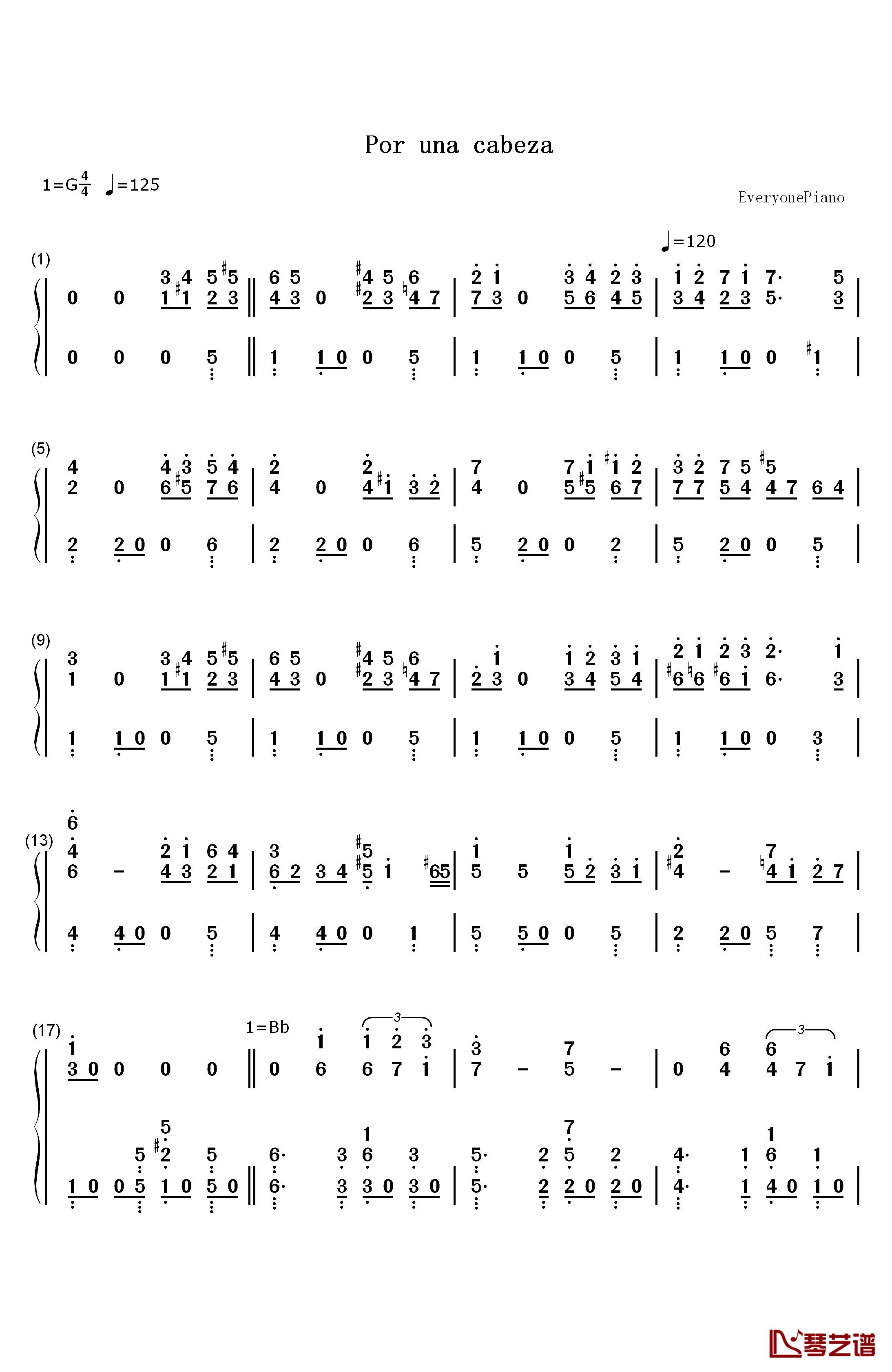 Por Una Cabeza钢琴简谱-数字双手-Thomas Newman  汤玛斯 纽曼1