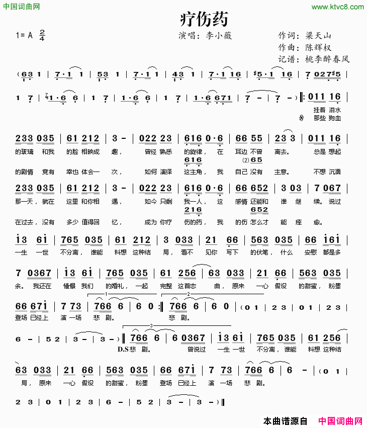 疗伤药简谱-李小薇演唱-梁天山/陈辉权词曲1