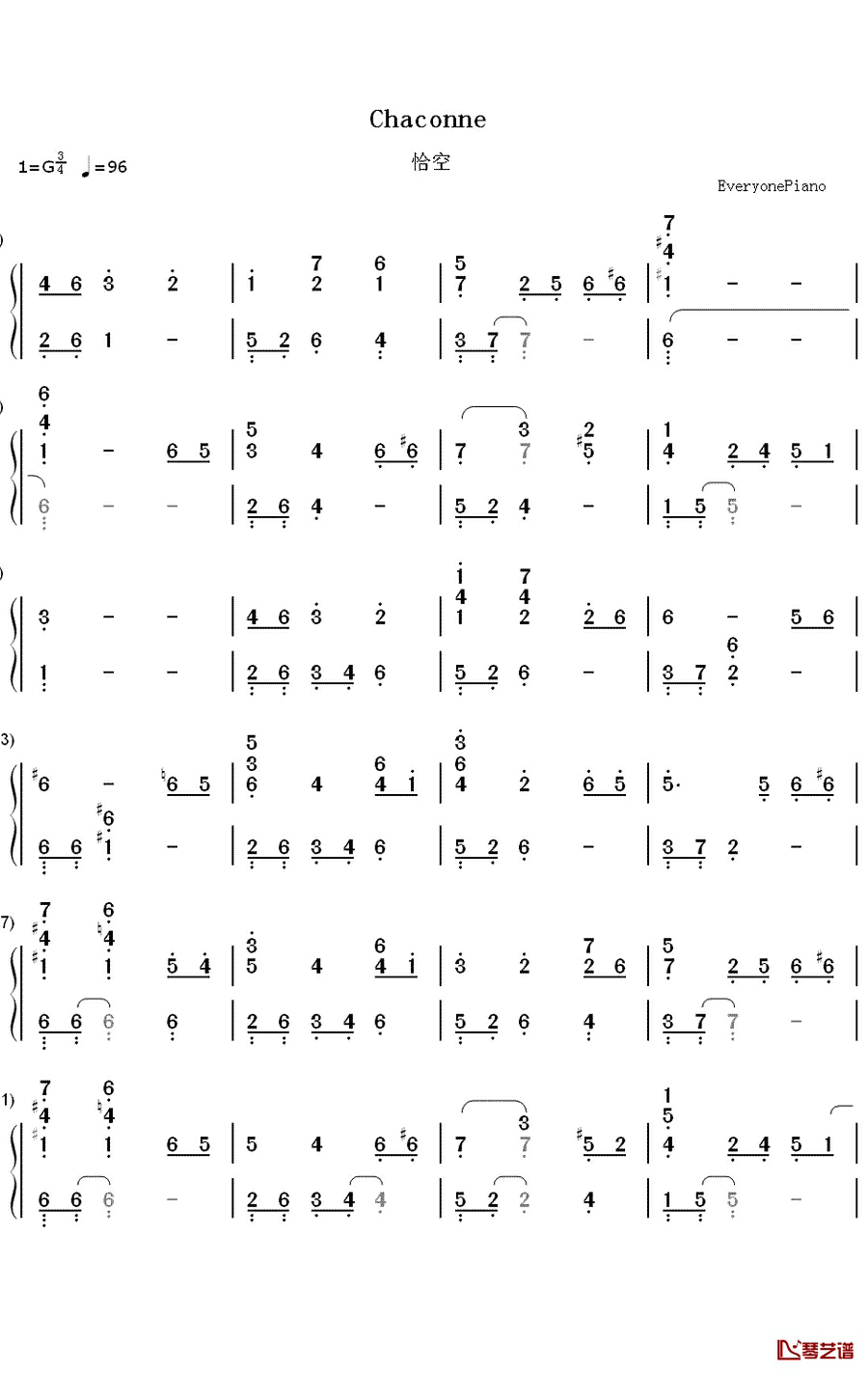 恰空钢琴简谱-数字双手-李闰珉1