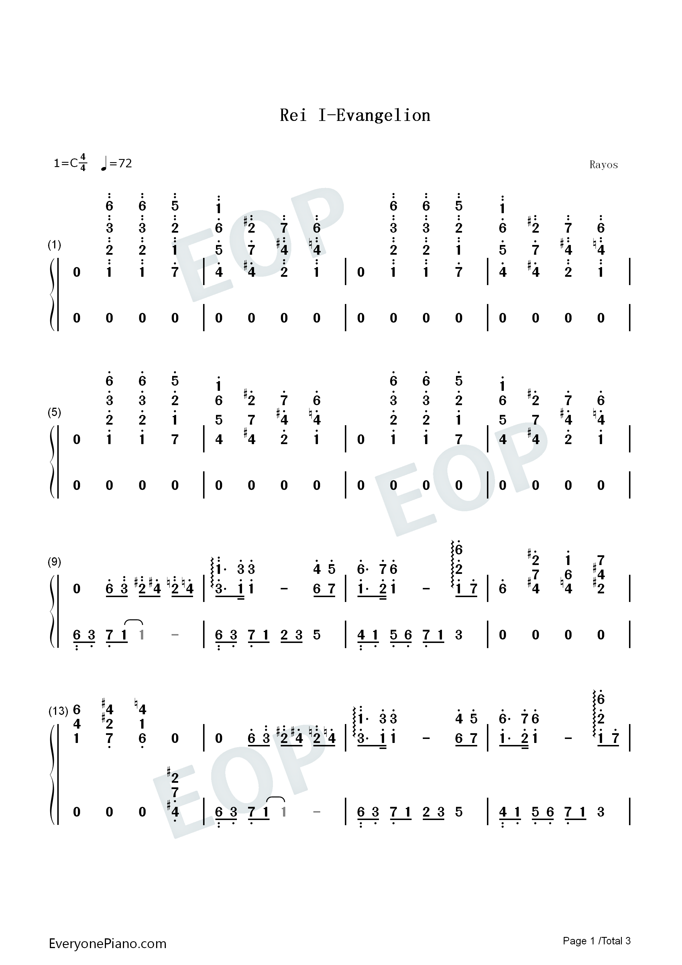 Rei I-新世纪福音战士OST双手简谱预览1