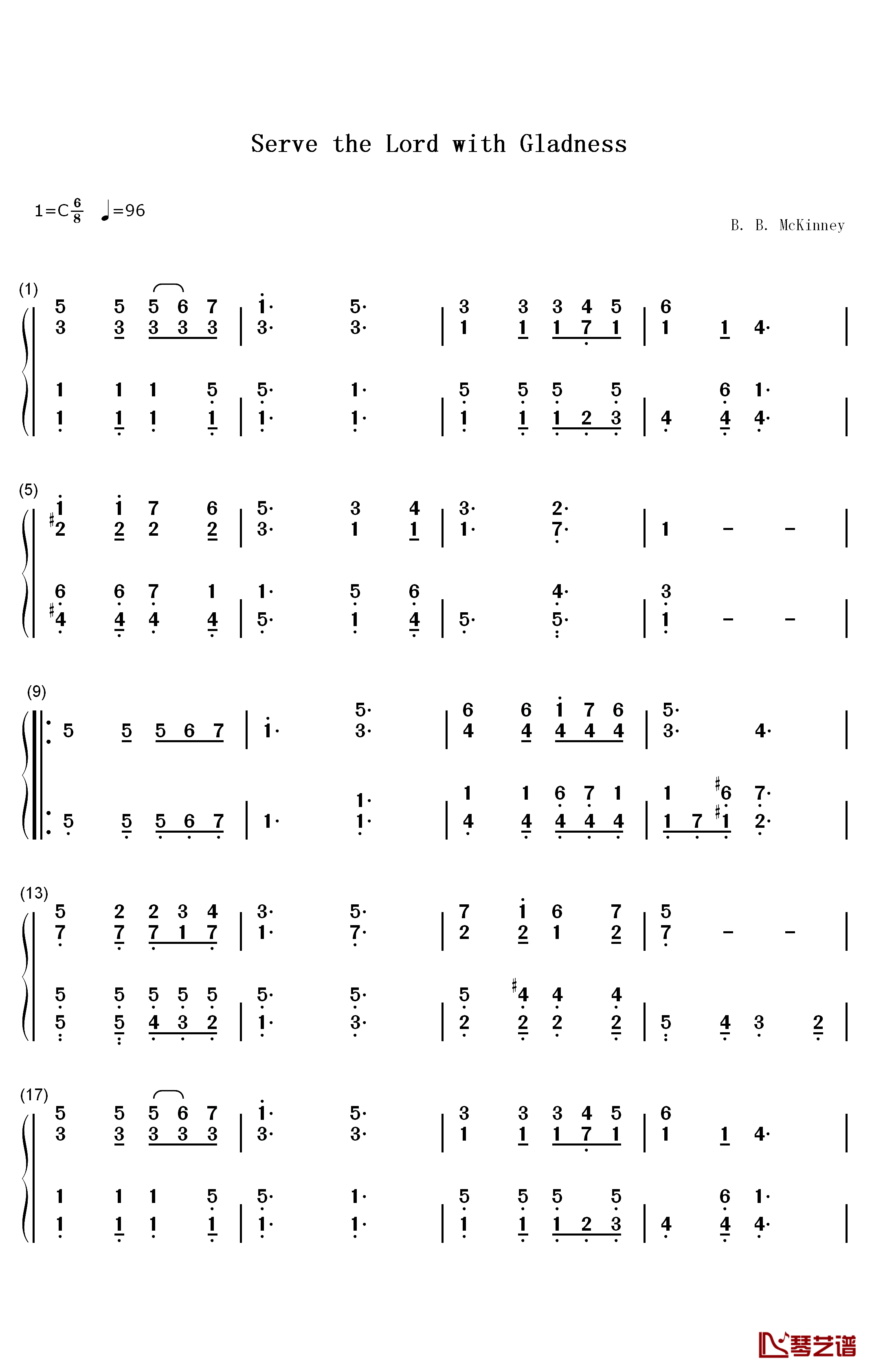 Serve the Lord with Gladness钢琴简谱-数字双手-B. B. McKinney1