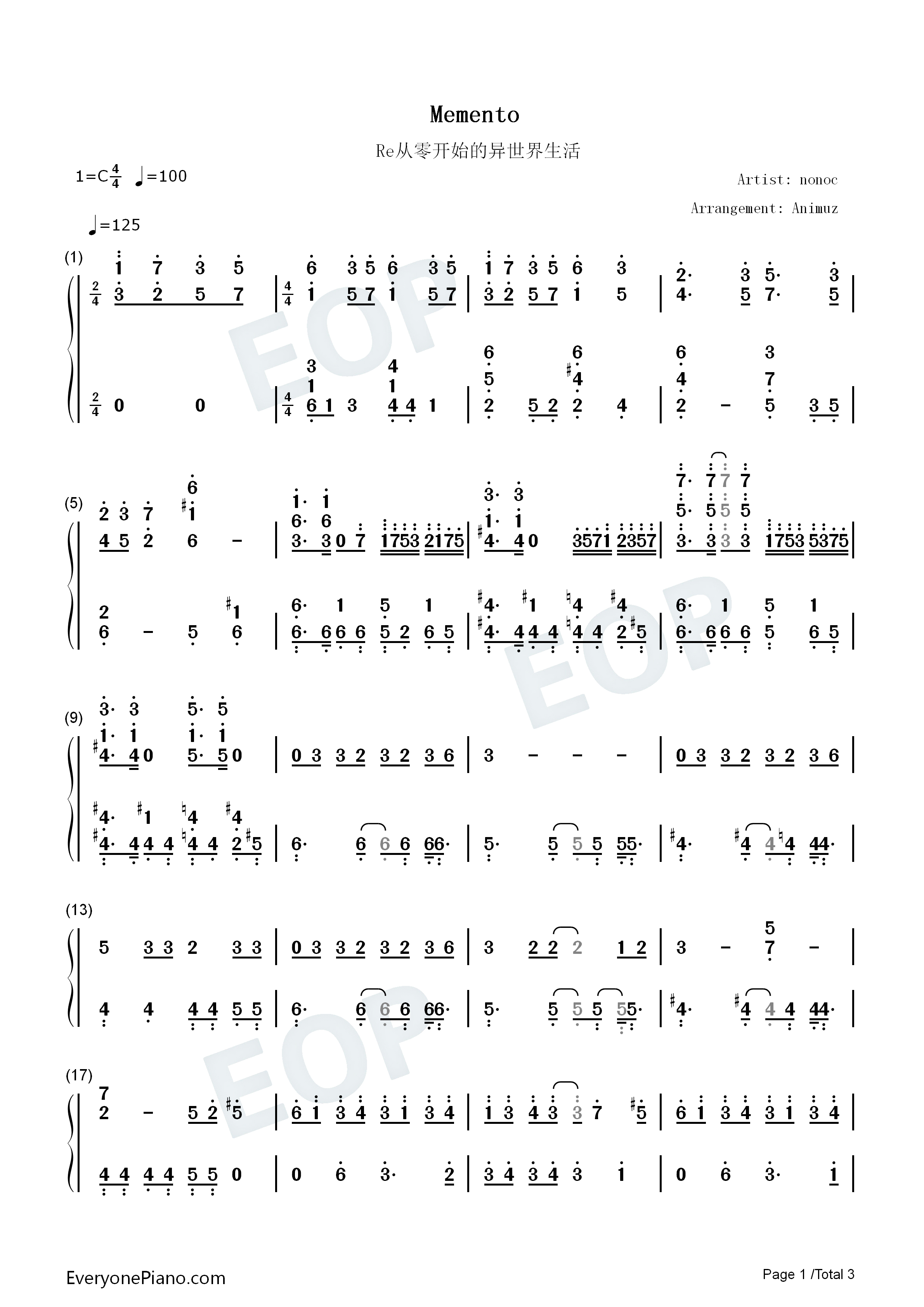 Memento钢琴简谱-Nonoc演唱1
