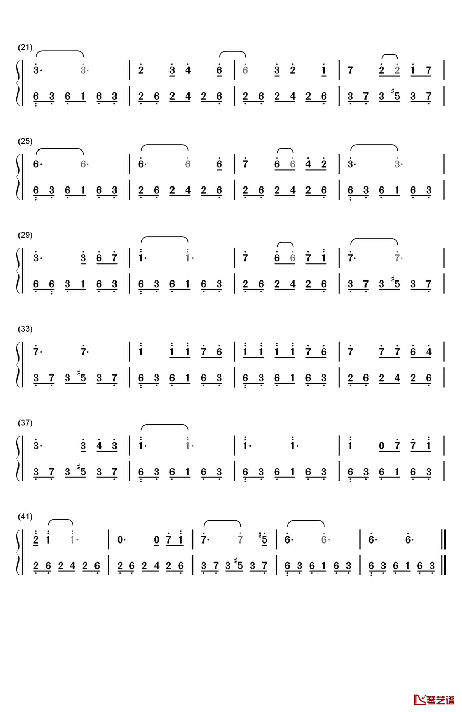 一片落叶钢琴简谱-数字双手-邓丽君2