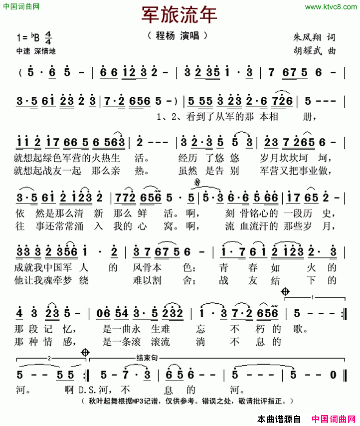 军旅流年简谱-程杨演唱-朱凤翔/胡耀武词曲1