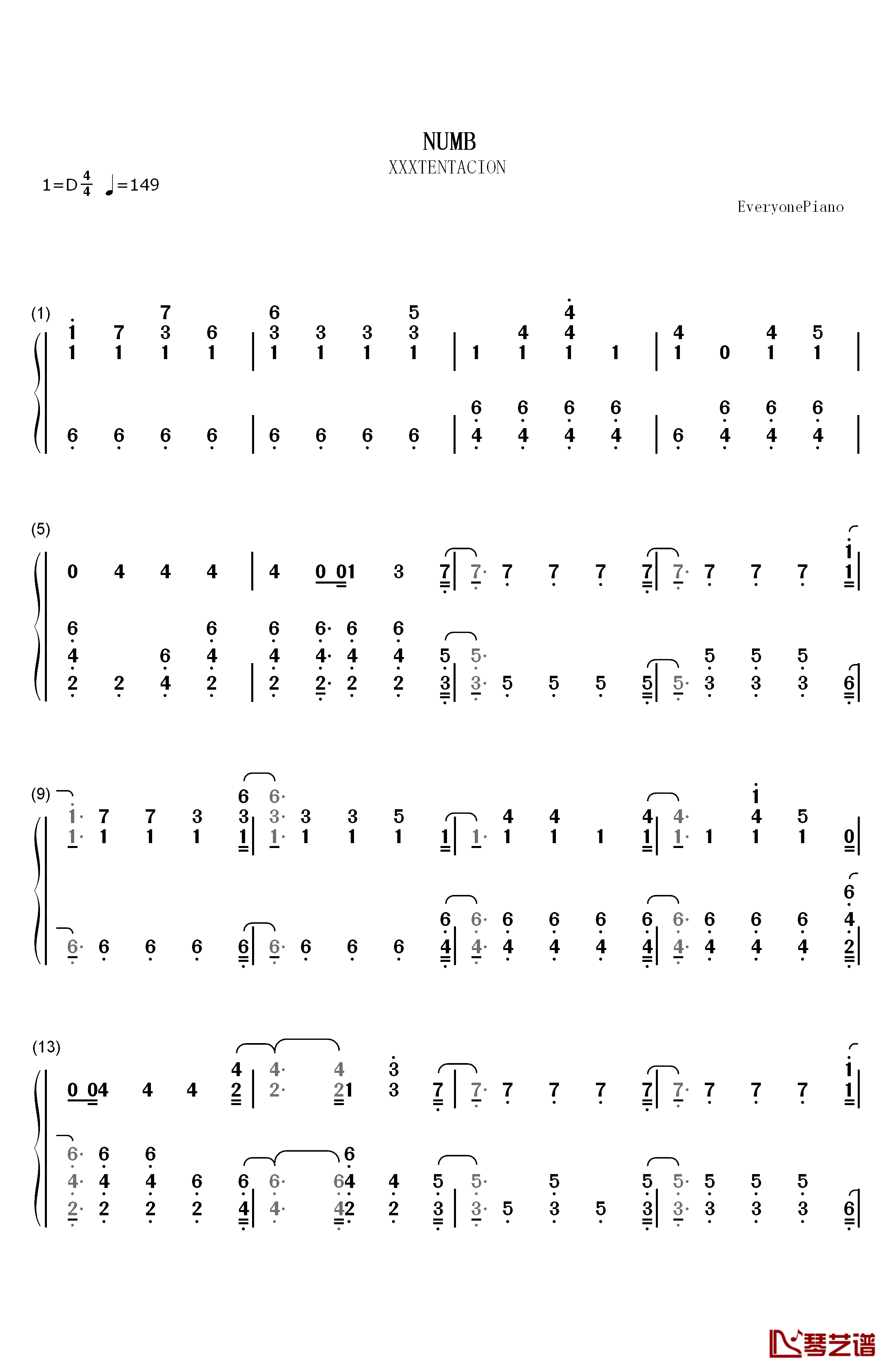 Numb钢琴简谱-数字双手-XXXTentacion1