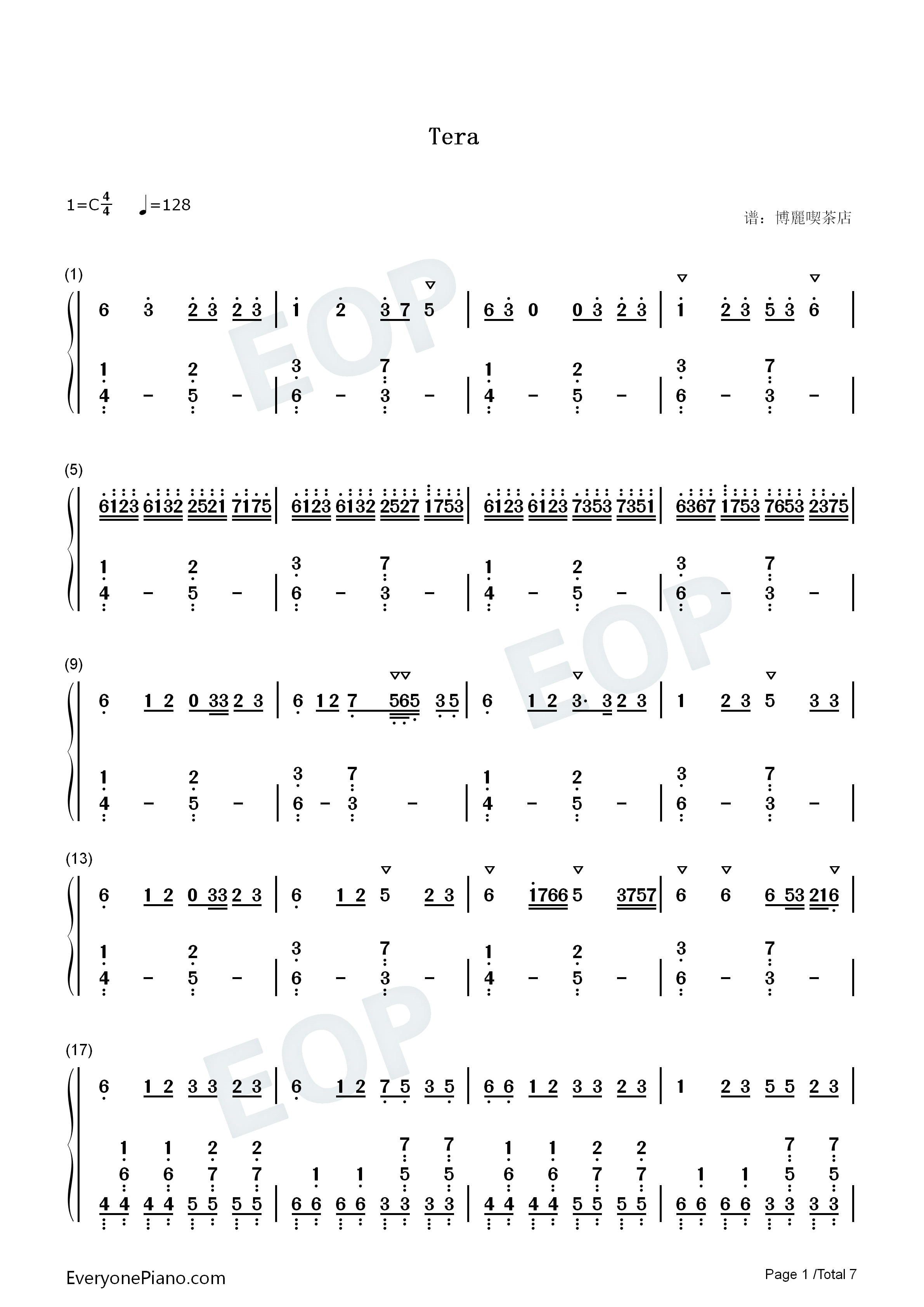 Tera钢琴简谱-Xomu演唱1