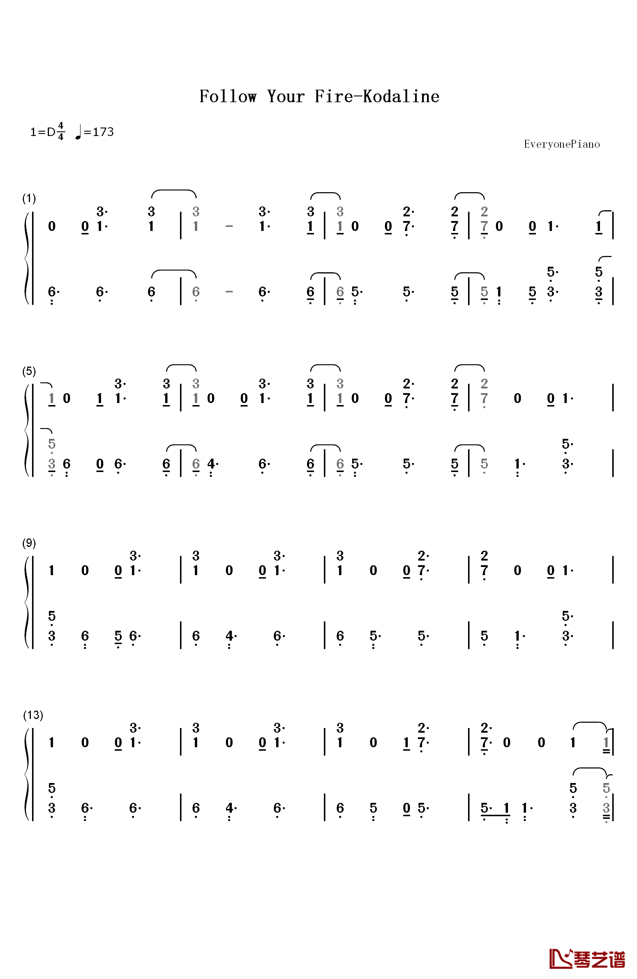 Follow Your Fire钢琴简谱-数字双手-Kodaline1